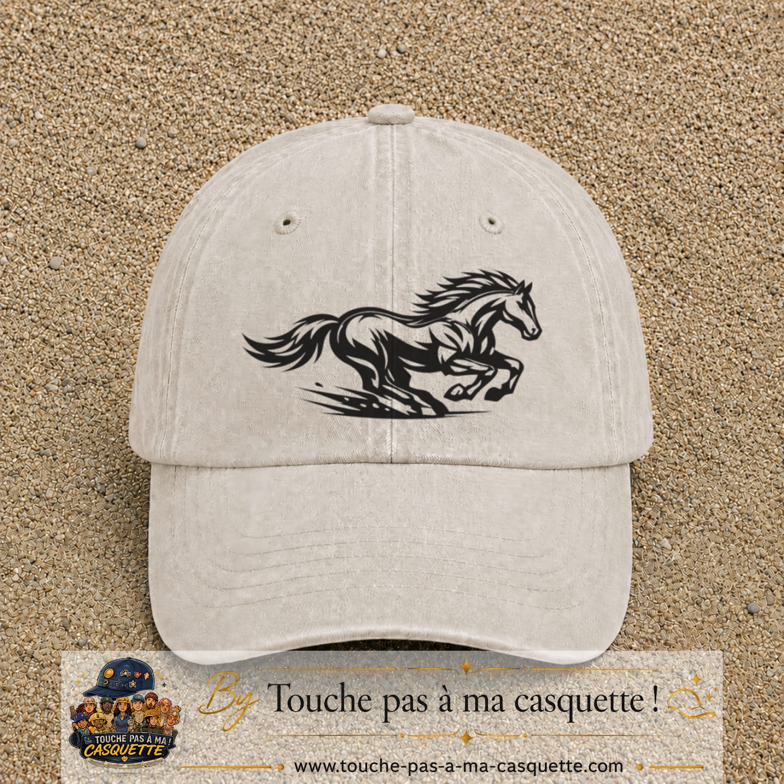 Image principale produit127grosBC - casquette Beige clair délavé avec visuel Cheval au galop 7 cm