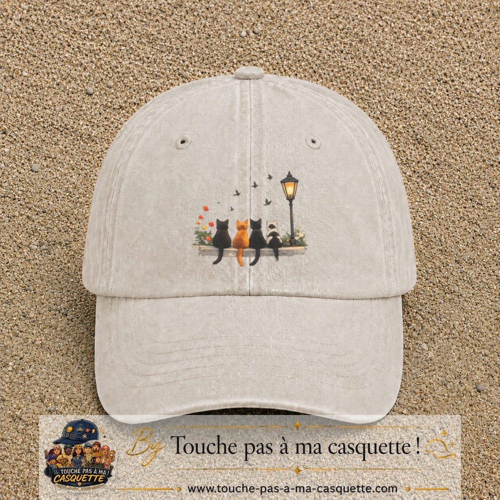 Image principale produit195grosBC - casquette Beige clair délavé avec visuel Chats réverbère 7 cm