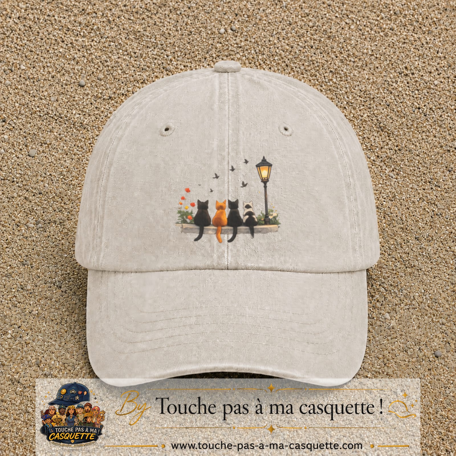 Image principale produit195grosBC - casquette Beige clair délavé avec visuel Chats réverbère 7 cm