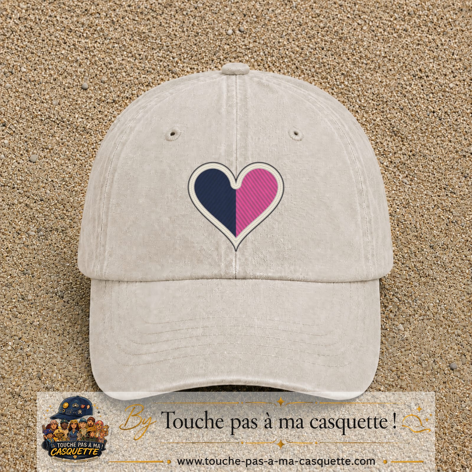 Image principale produit116grosBC - casquette Beige clair délavé avec visuel Cœur bicolore 7 cm