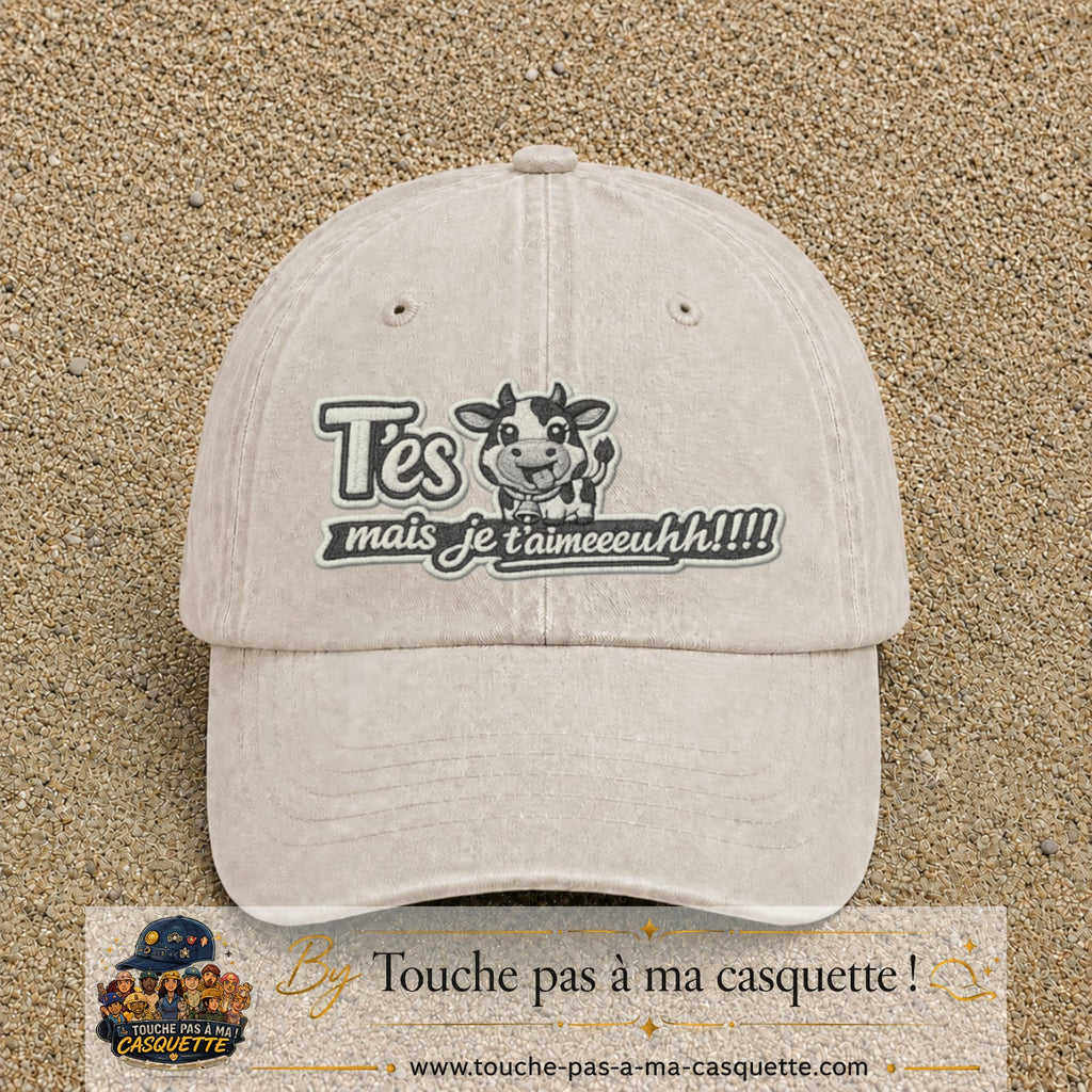 Image principale produit122grosBC - casquette Beige clair délavé avec visuel Vache message français 7 cm