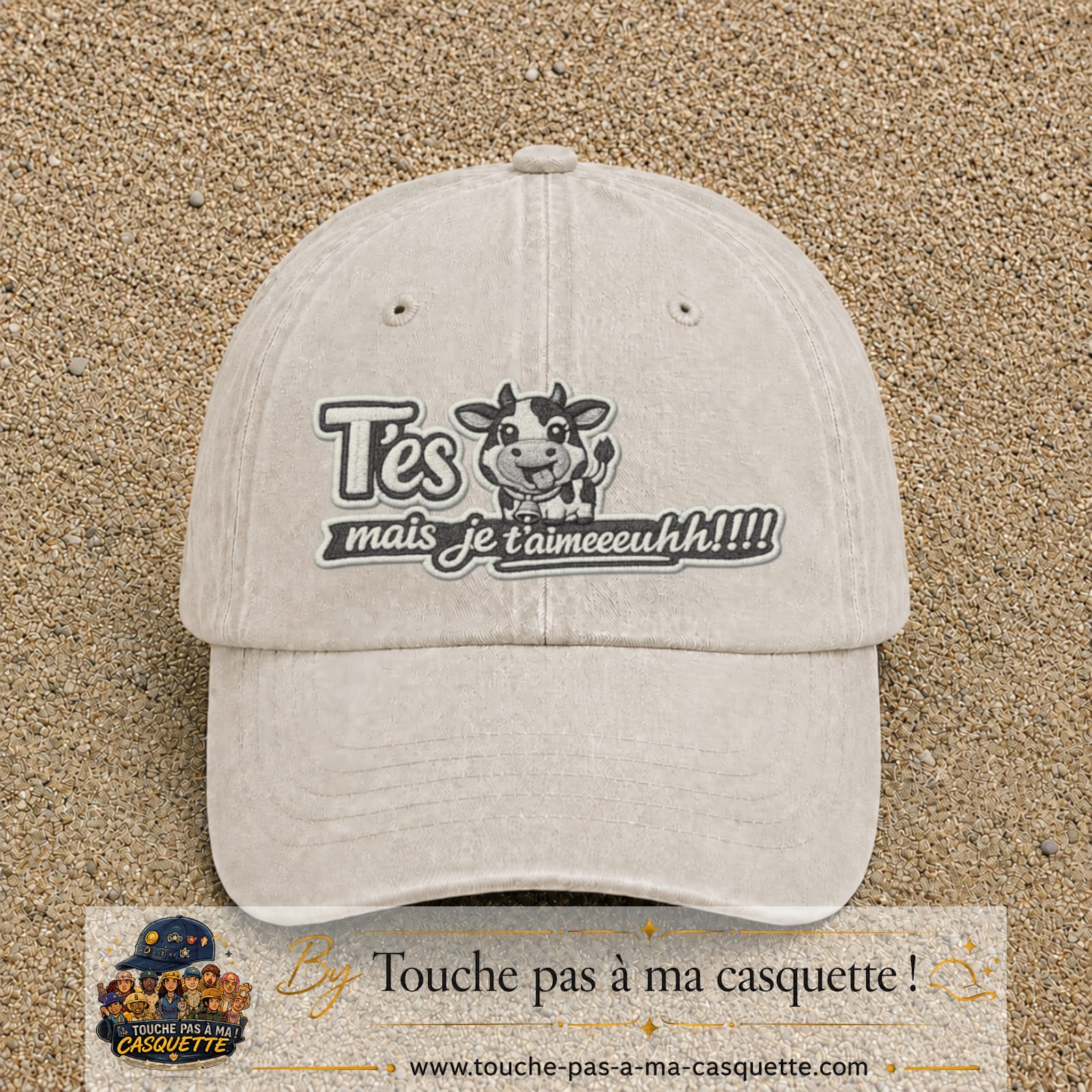 Image principale produit122grosBC - casquette Beige clair délavé avec visuel Vache message français 7 cm