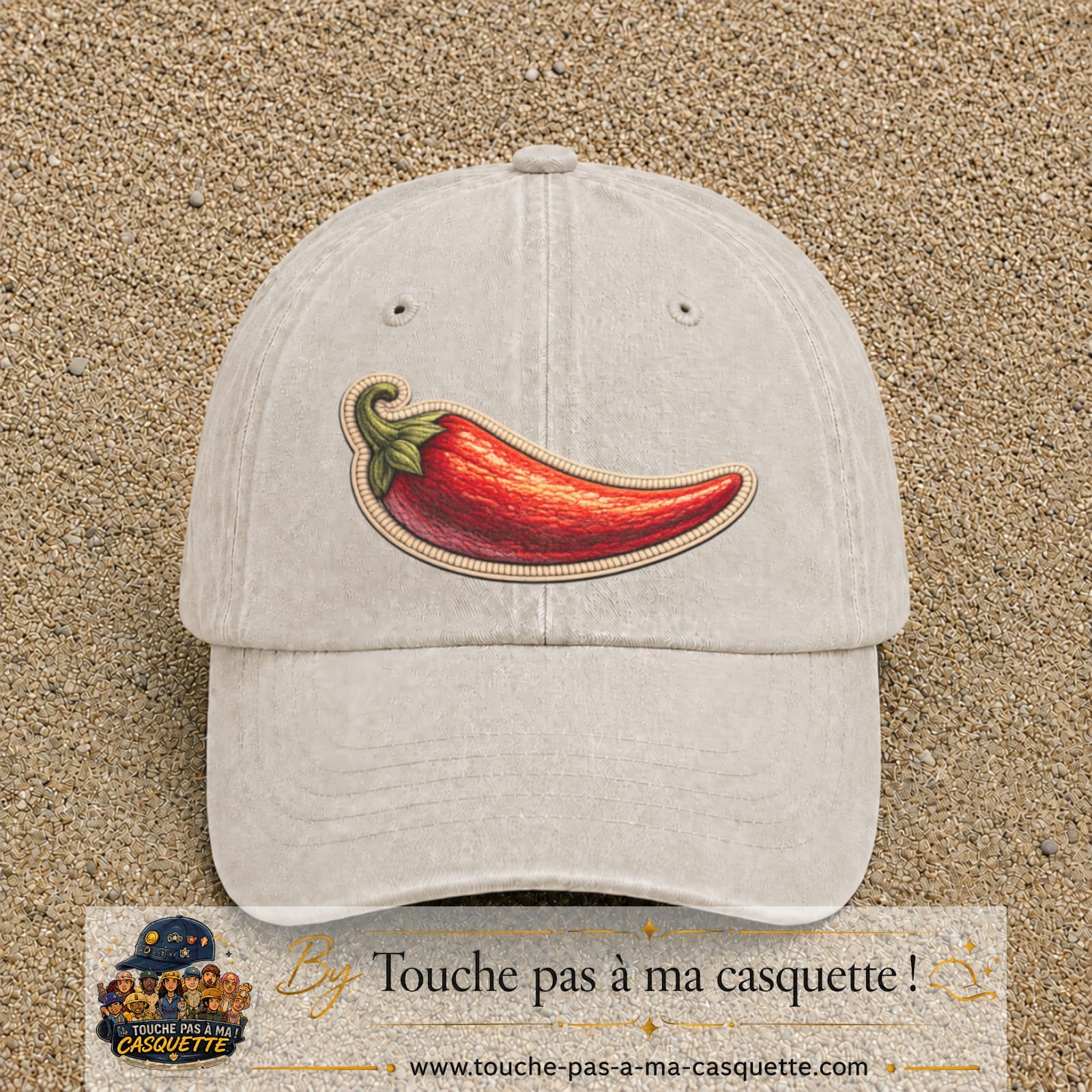 Image principale produit198grosBC - casquette Beige clair délavé avec visuel Piment 7 cm