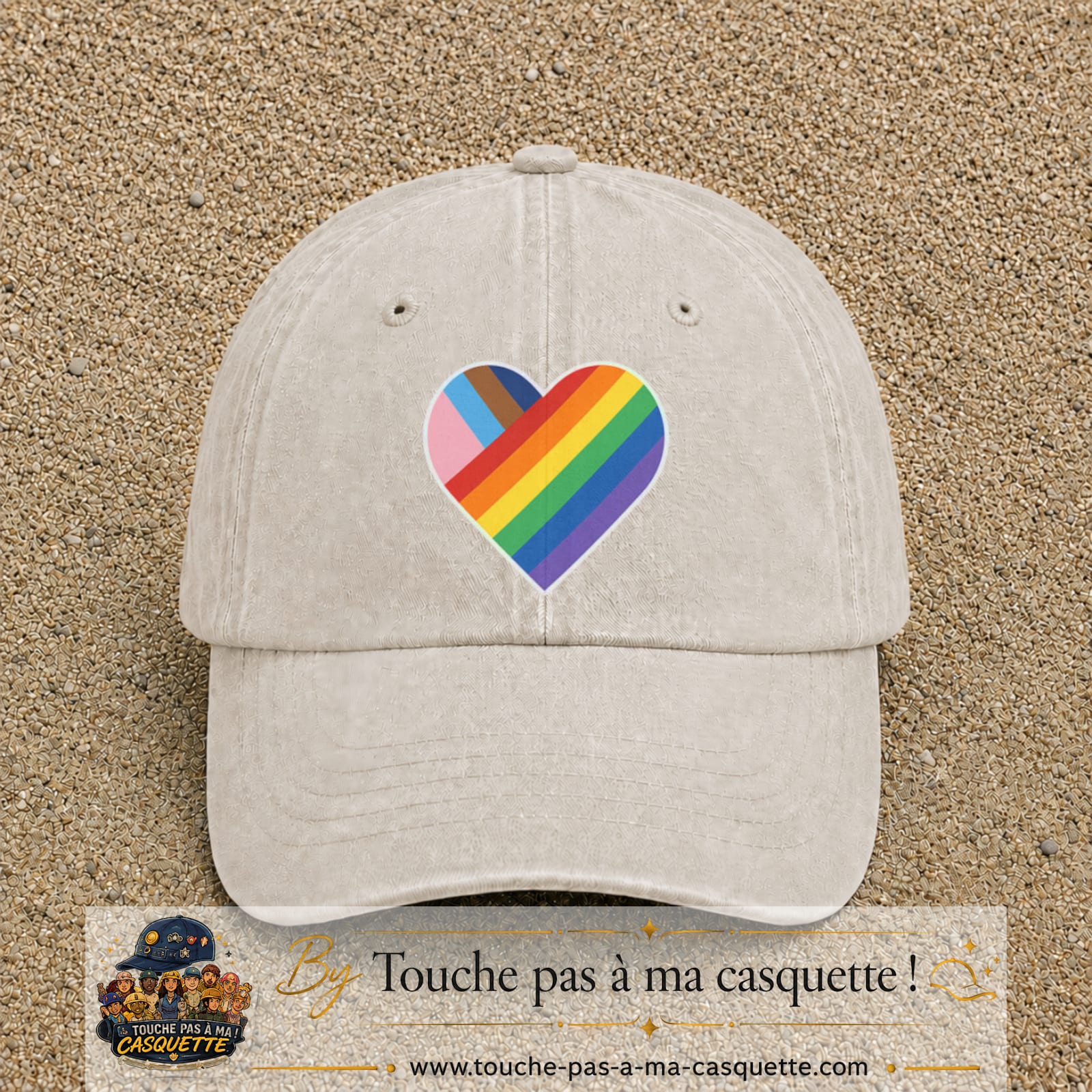 Image principale produit23grosBC - casquette Beige clair délavé avec visuel Cœur arc-en-ciel 7 cm