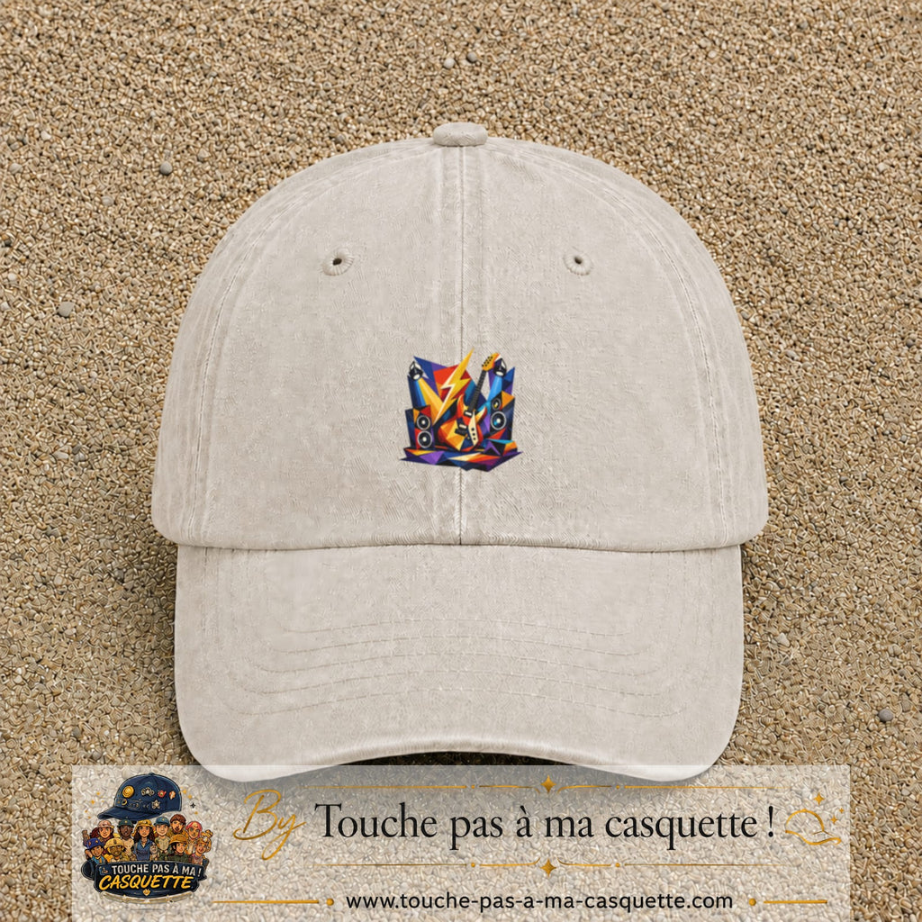 Casquette Beige clair délavé motif Guitare rock logo 5 cm