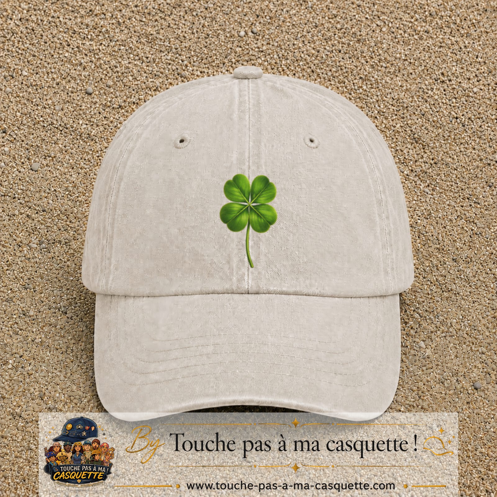 Casquette Beige clair délavé motif Trèfle porte-bonheur logo 7 cm