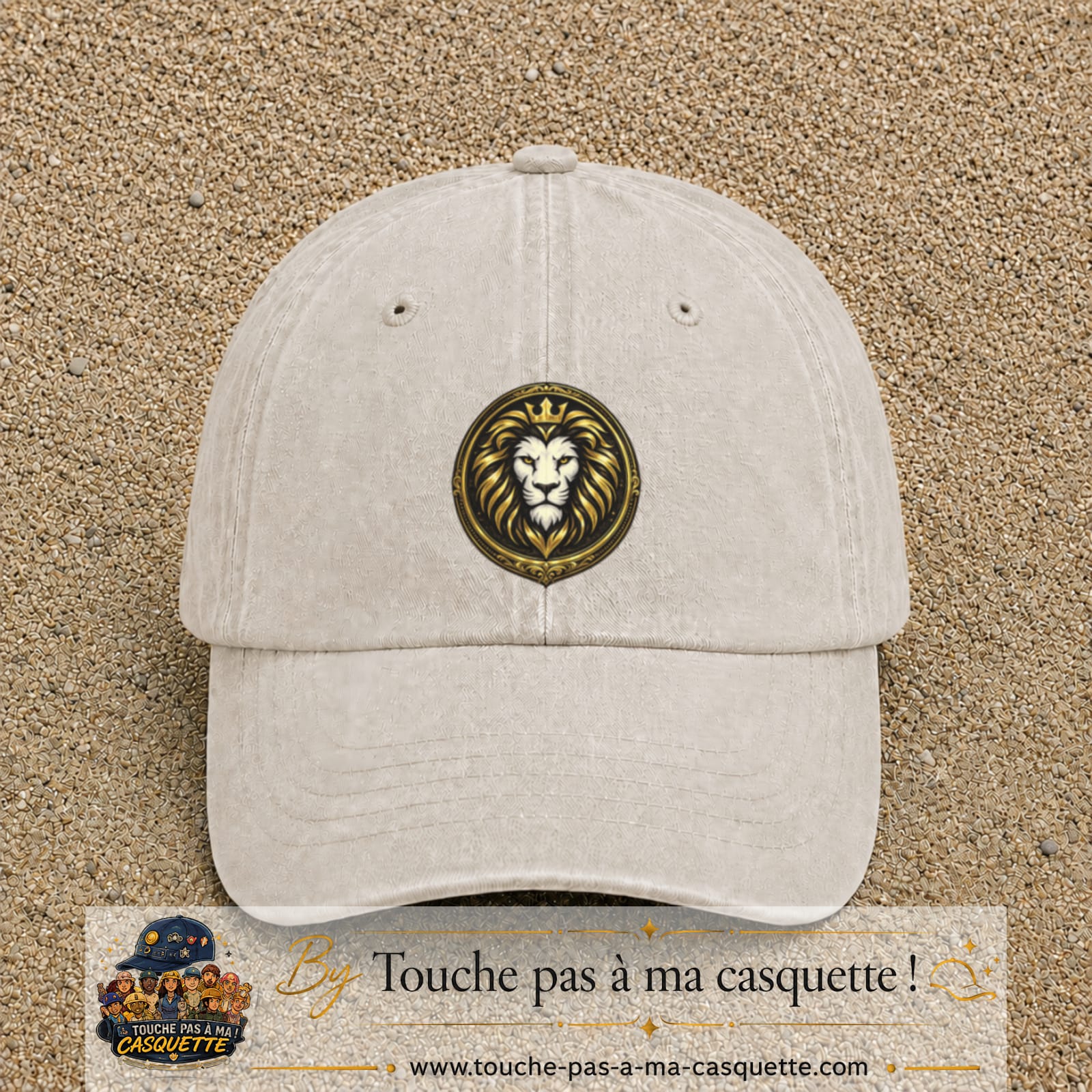 Casquette Beige clair délavé avec motif Lion royal couronné en 7 cm – vue principale