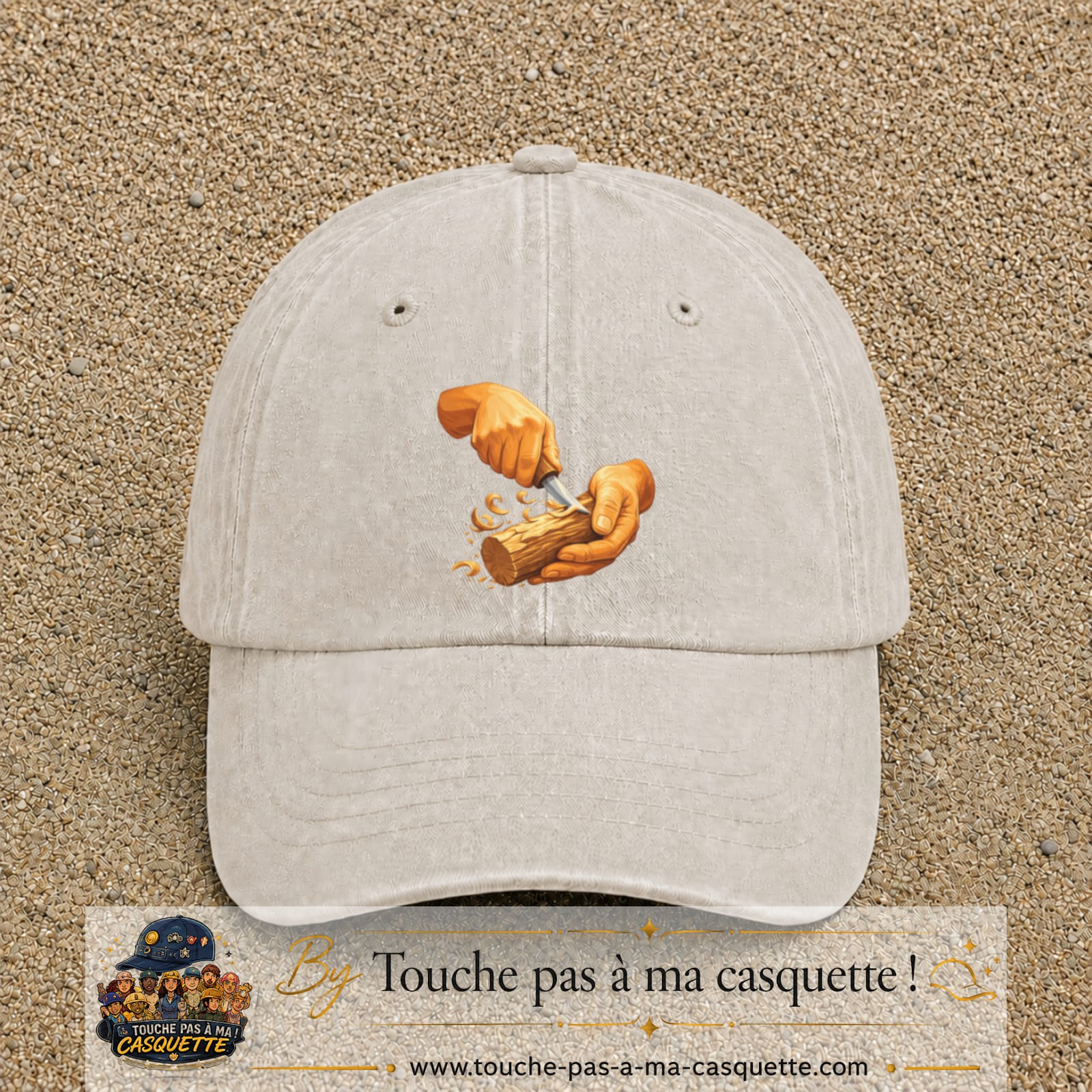 Casquette Beige clair délavé motif Travail du bois logo 7 cm
