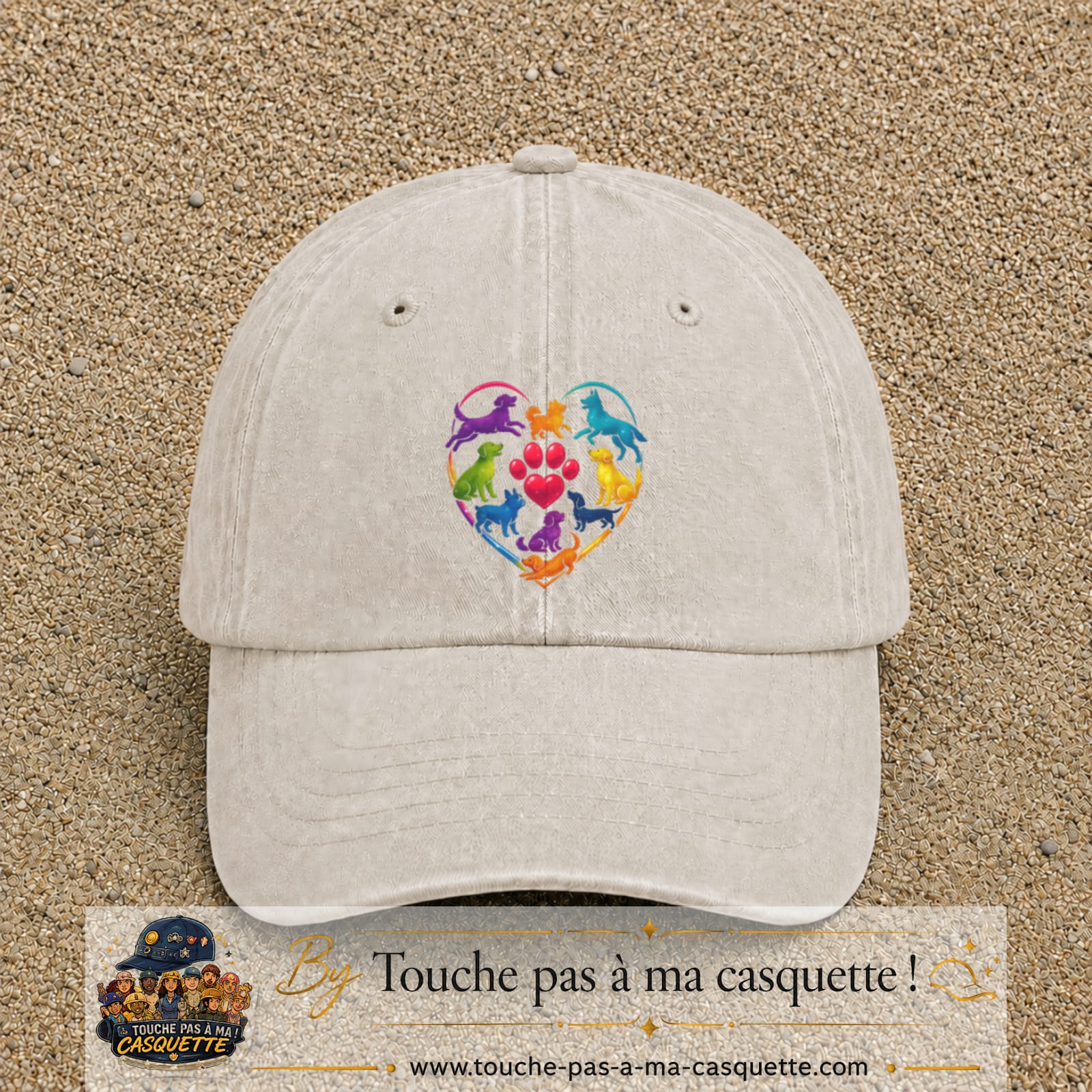 Casquette Beige clair délavé motif Chats en cœur logo 7 cm
