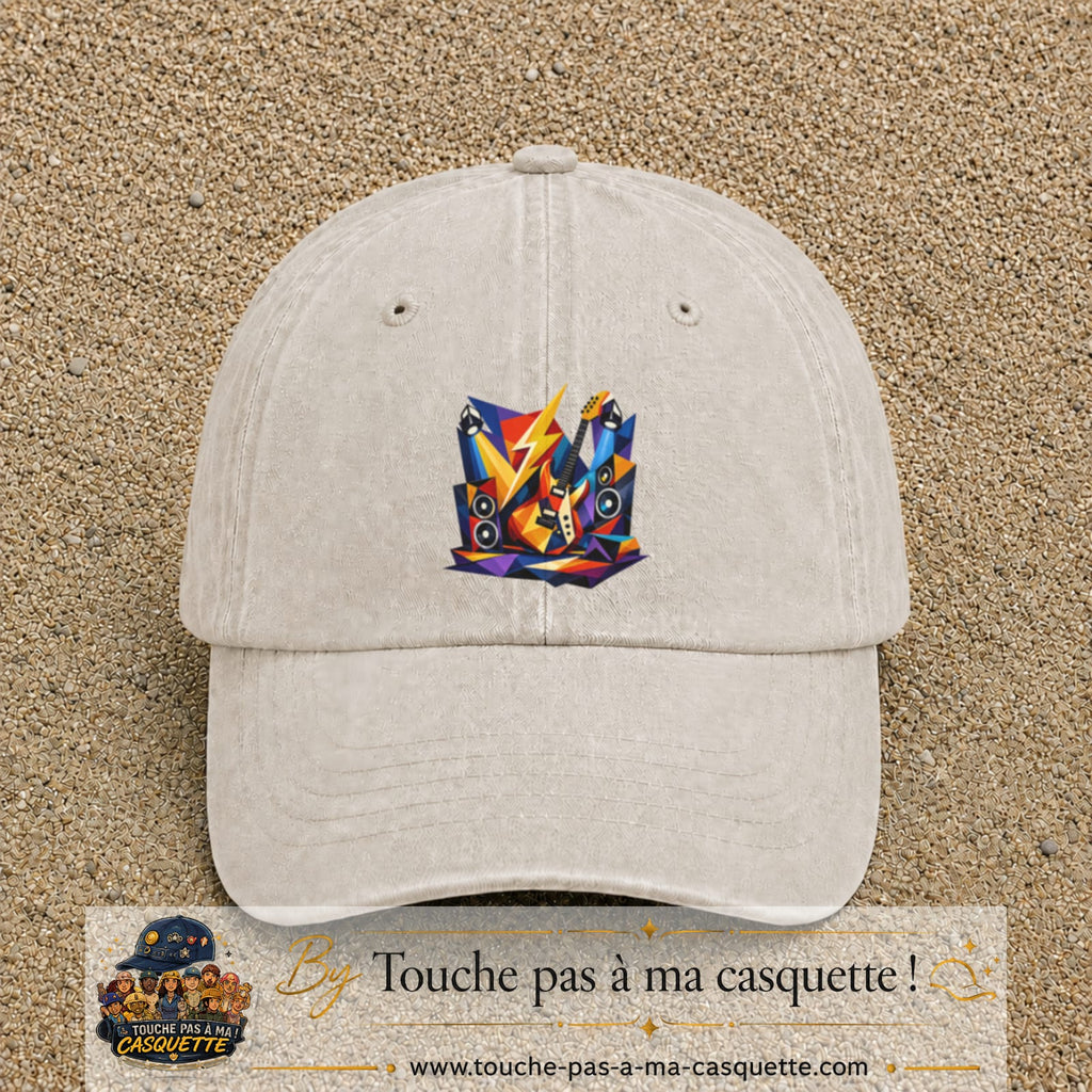 Casquette Beige clair délavé motif Guitare rock logo 7 cm