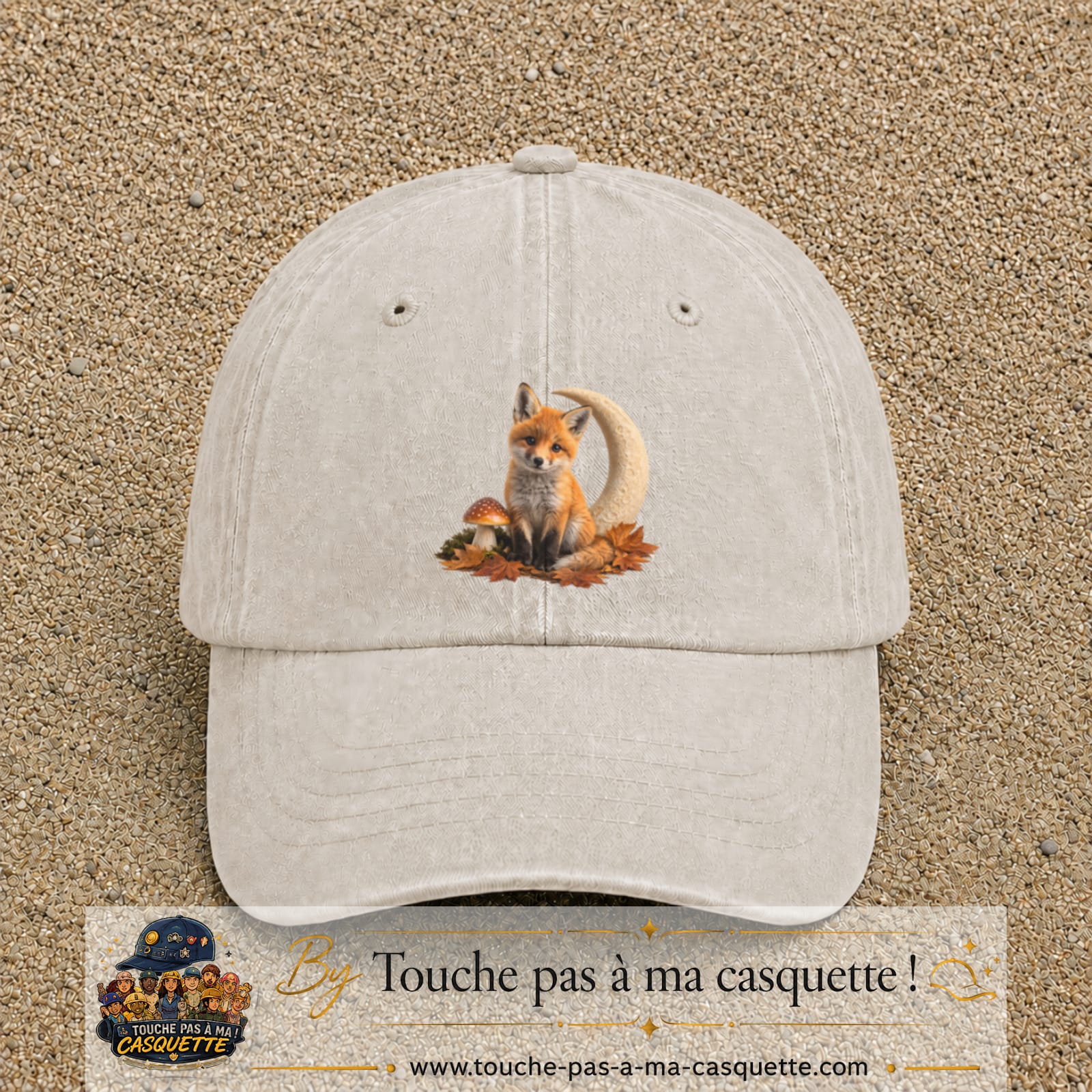 Image principale casquette Beige clair délavé avec motif Renard de lune 7 cm
