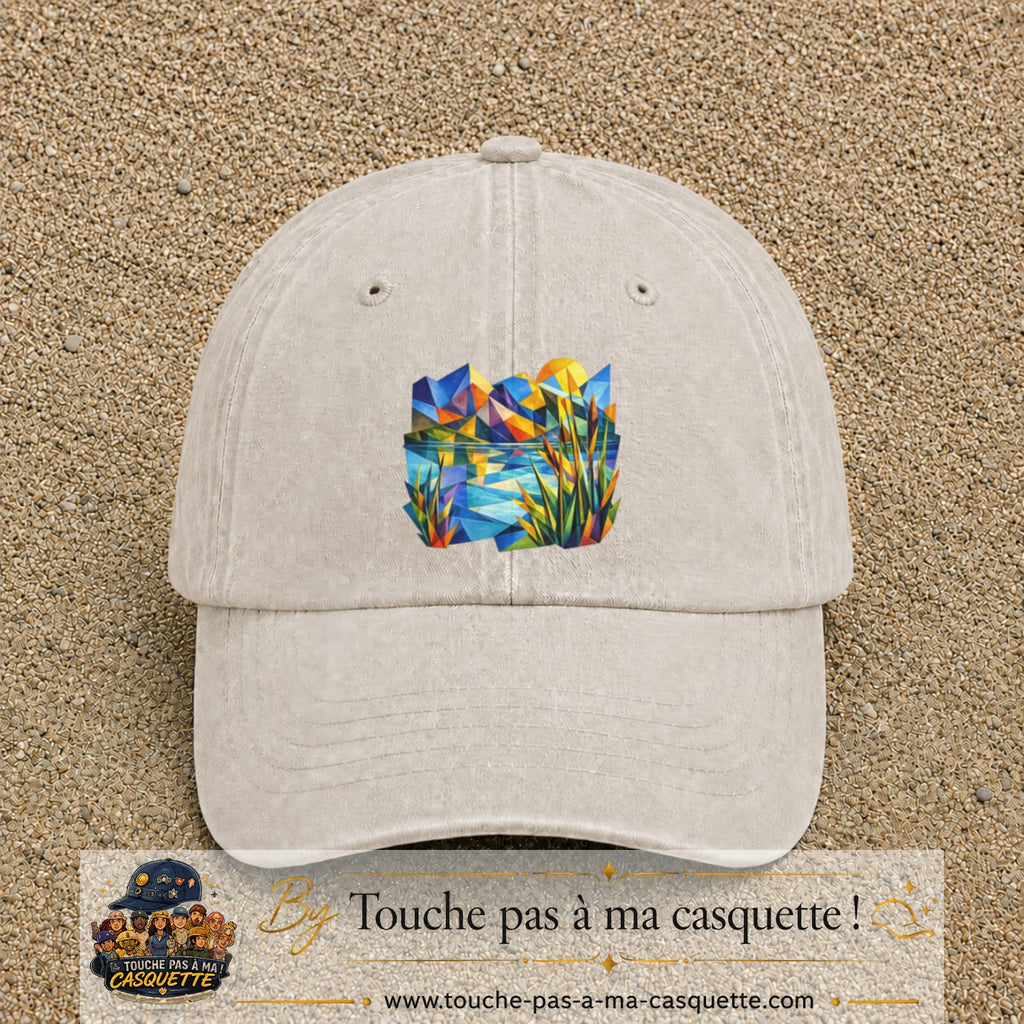 Casquette Beige clair délavé motif Paysage tropical géométrique logo 7 cm