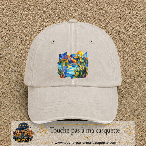 Casquette Beige clair délavé motif Paysage tropical géométrique logo 7 cm