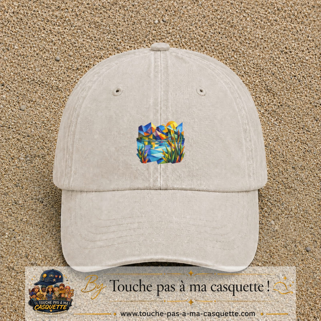 Casquette Beige clair délavé motif Paysage tropical géométrique logo 5 cm