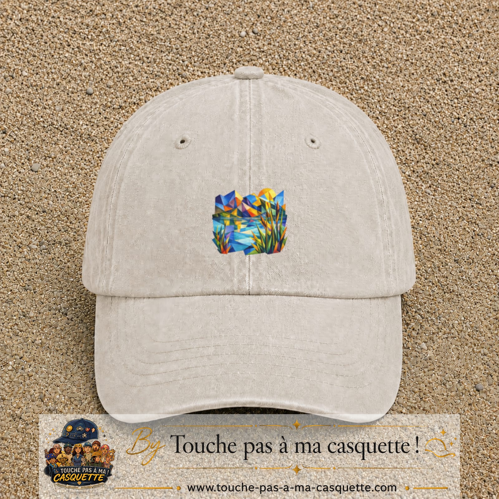 Casquette Beige clair délavé motif Paysage tropical géométrique logo 5 cm