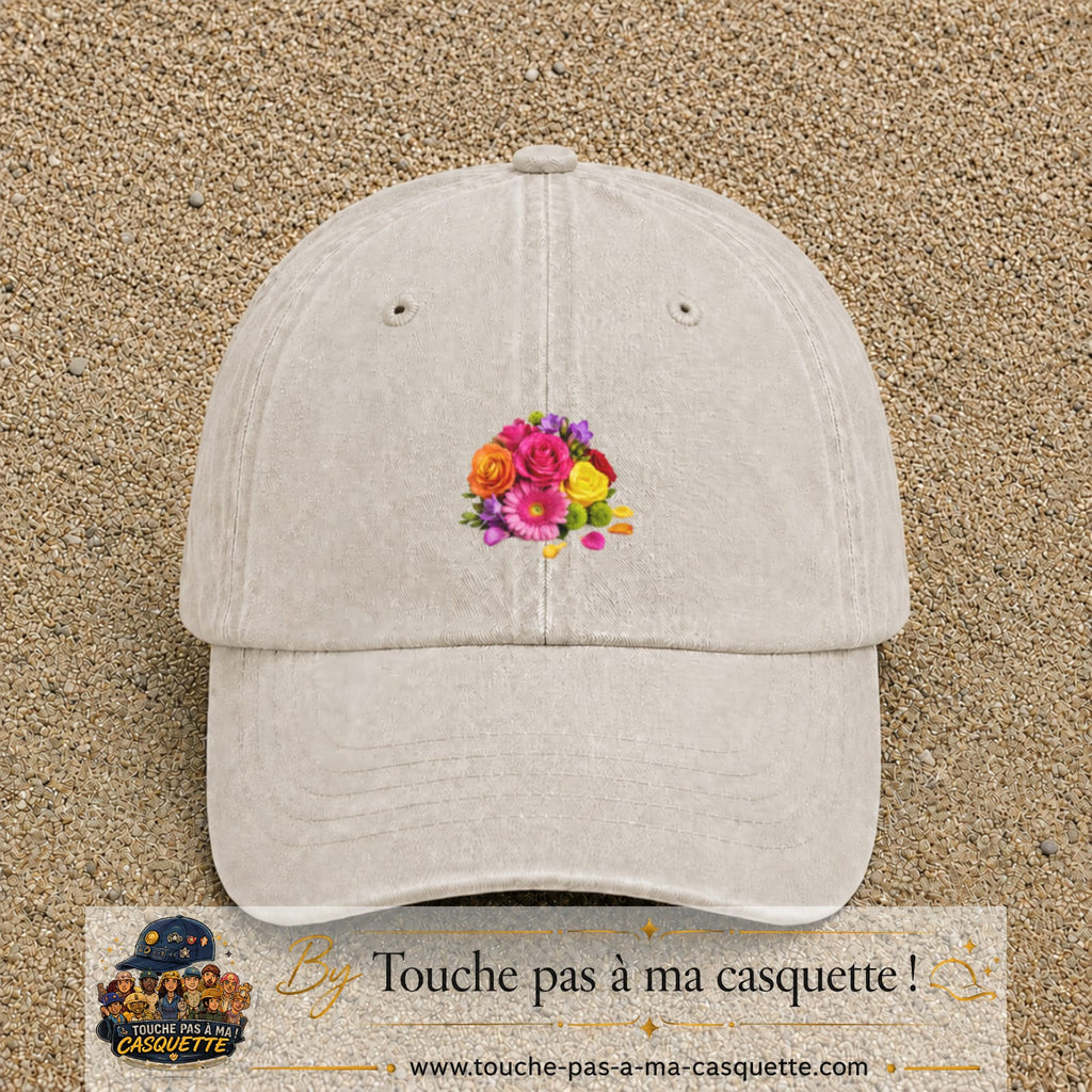 Casquette Beige clair délavé motif Bouquet de fleurs logo 5 cm