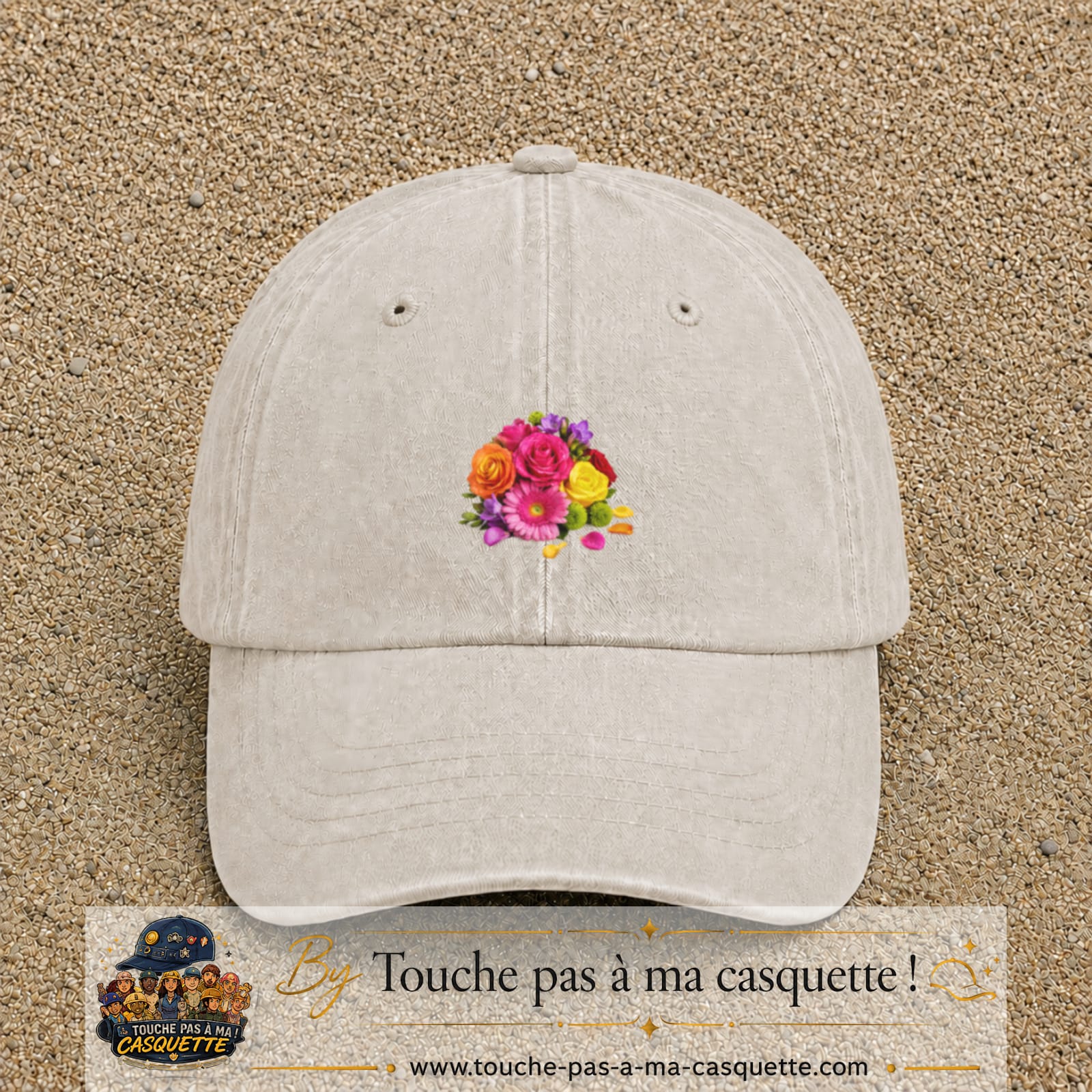 Casquette Beige clair délavé motif Bouquet de fleurs logo 5 cm