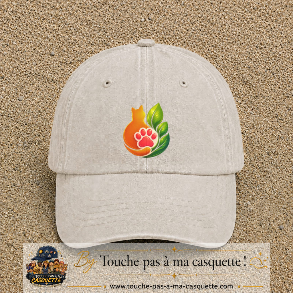 Casquette Beige clair délavé motif Chat feuille logo 7 cm