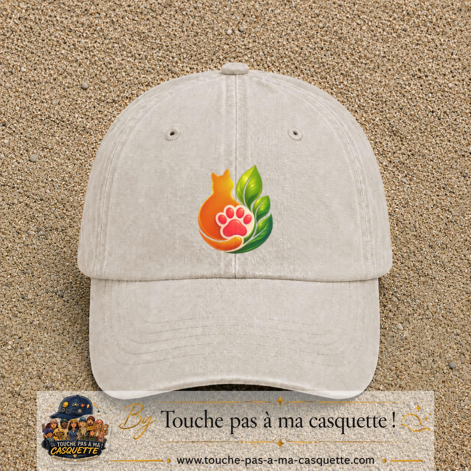 Casquette Beige clair délavé motif Chat feuille logo 7 cm
