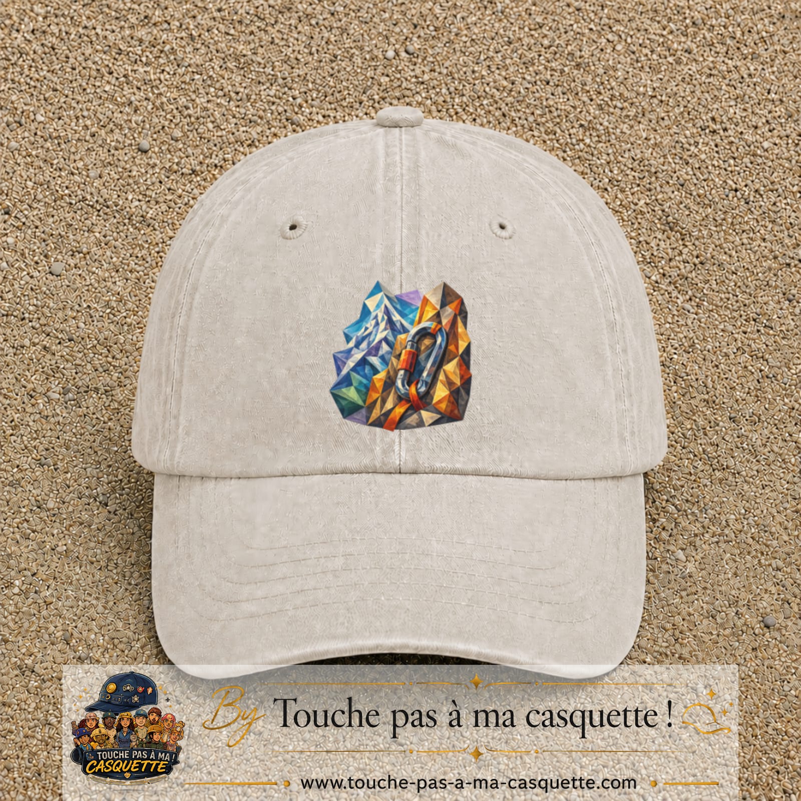 Image principale casquette Beige clair délavé avec motif Mousqueton de montagne 7 cm