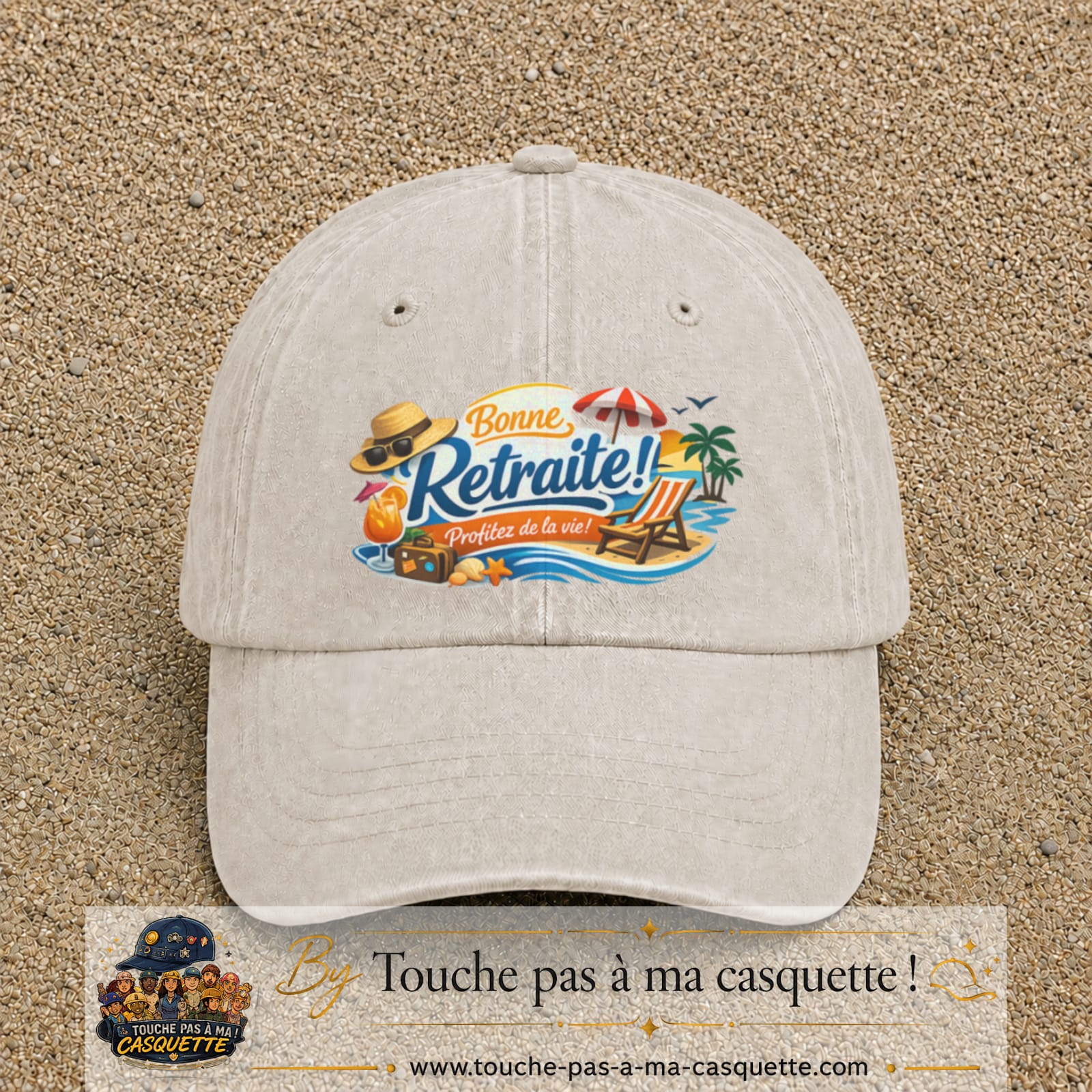 Casquette Beige clair délavé avec motif Bonne retraite au bord de la mer en 7 cm – vue principale