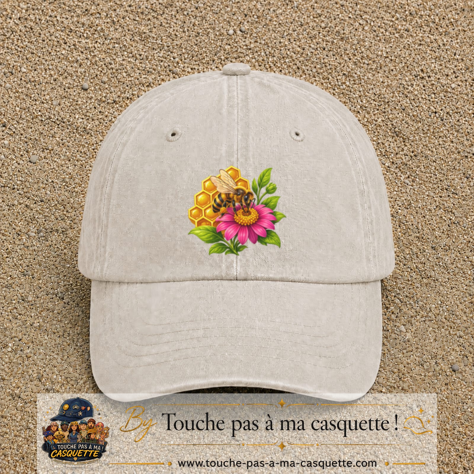Casquette Beige clair délavé motif Abeille et miel logo 7 cm