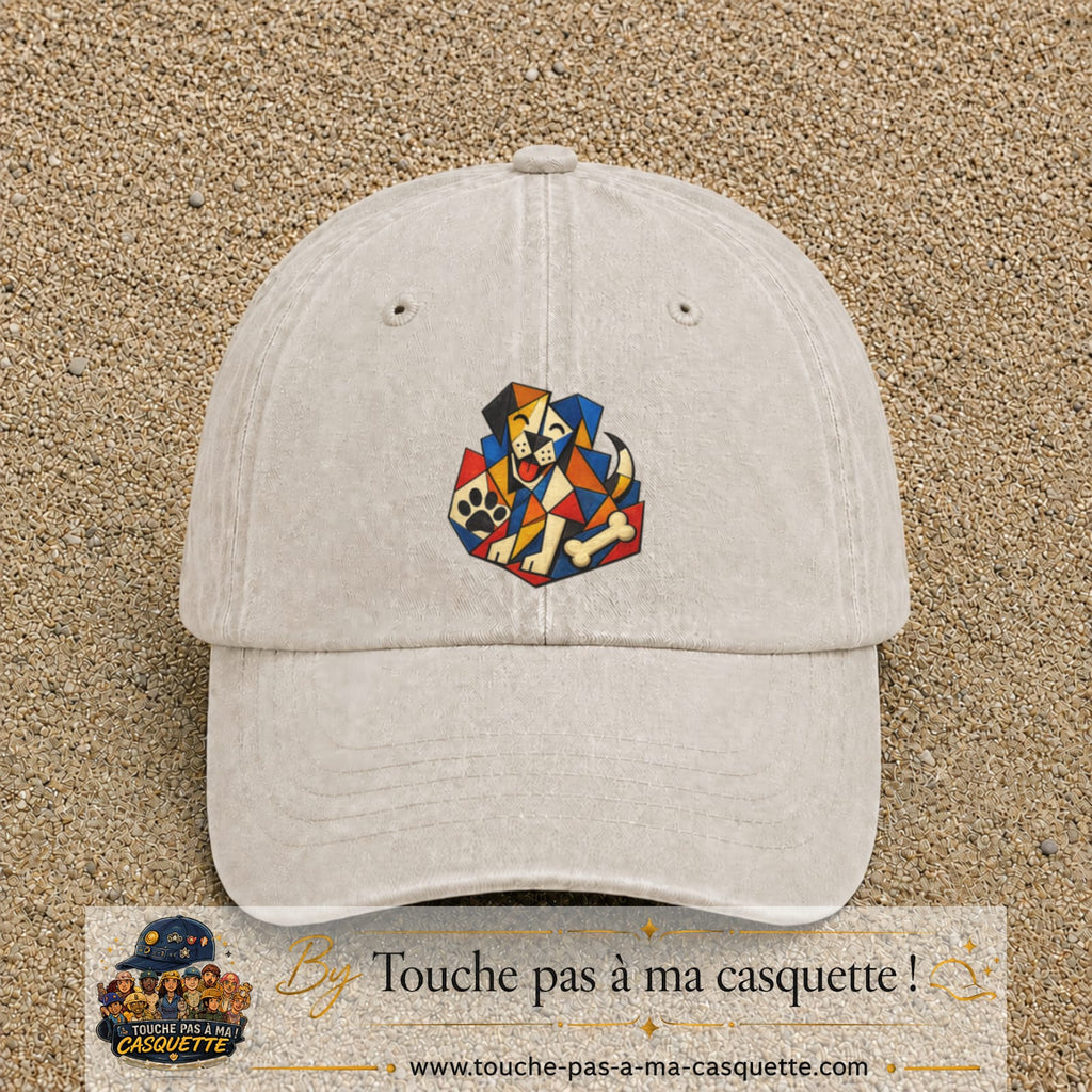 Casquette Beige clair délavé motif Chien pop art logo 7 cm