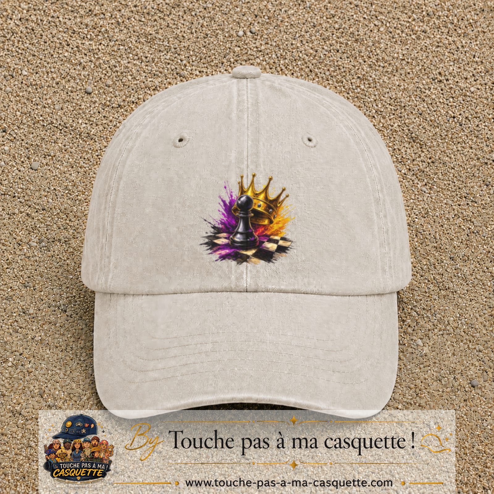 Image principale casquette Beige clair délavé avec motif Échecs couronnés 7 cm