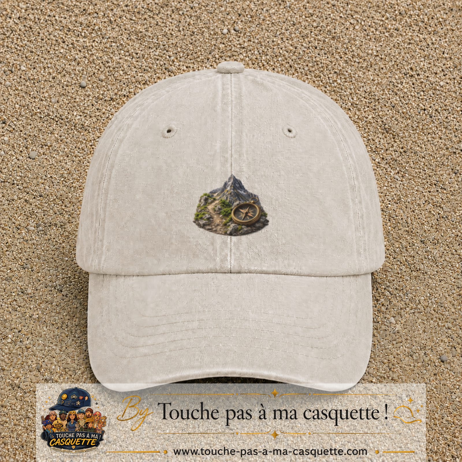 Image principale casquette Beige clair délavé avec motif Montagne et boussole 5 cm