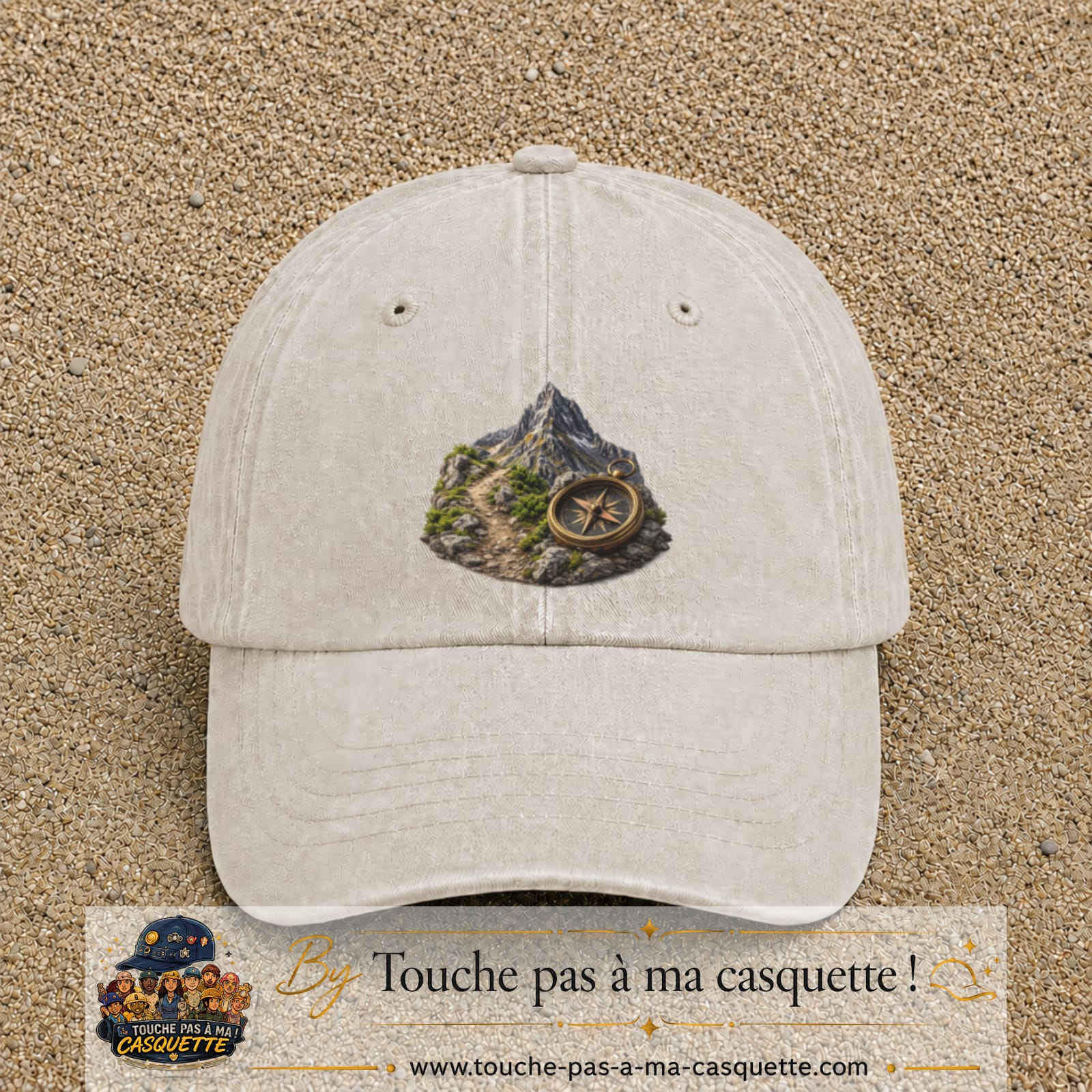 Image principale casquette Beige clair délavé avec motif Montagne et boussole 7 cm