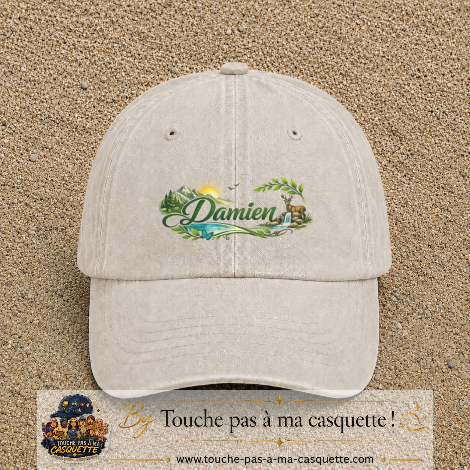 Casquette Beige clair délavé avec motif Prénom Damien nature et cerf en 5 cm – vue principale