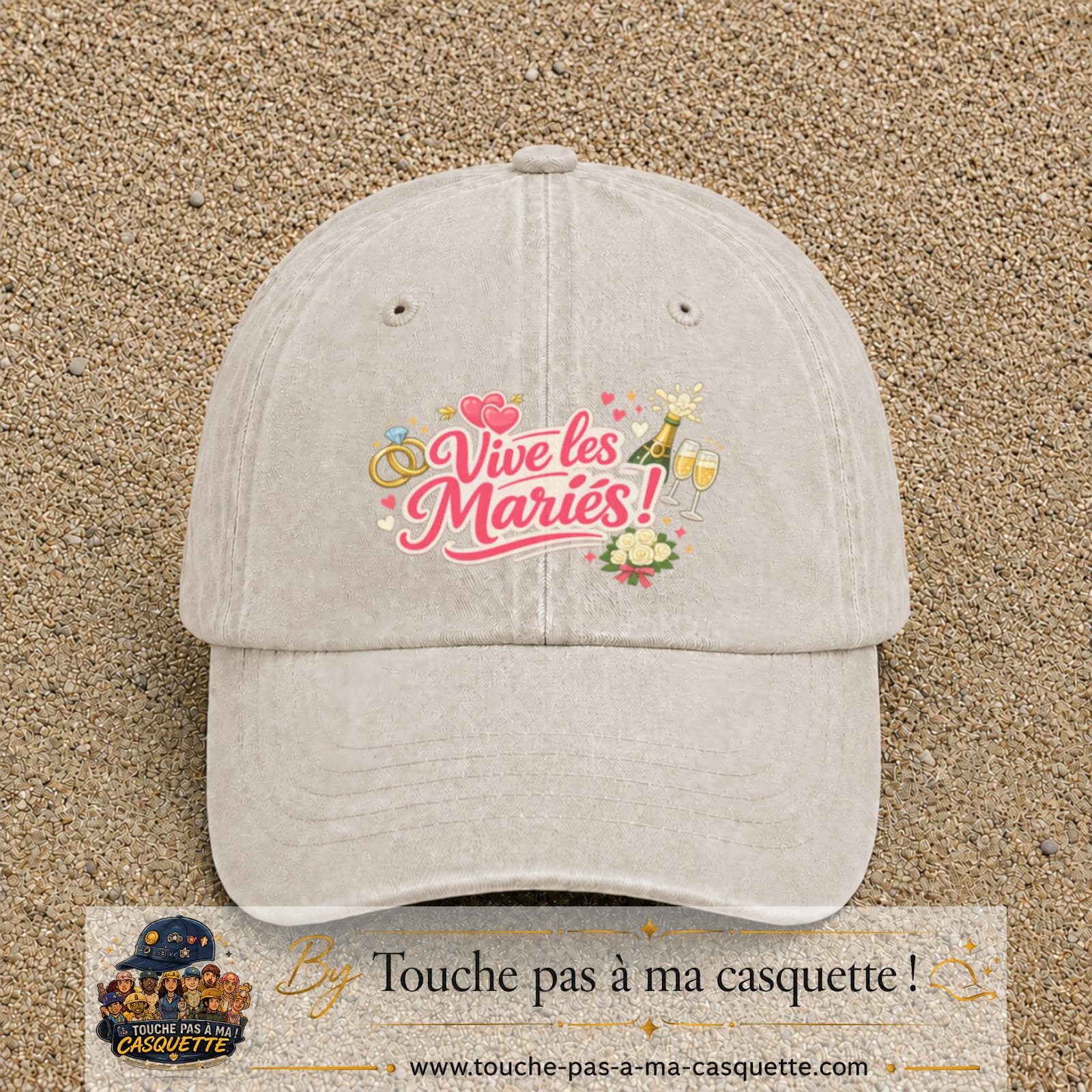 Casquette Beige clair délavé avec motif Vive les Mariés en 7 cm – vue principale