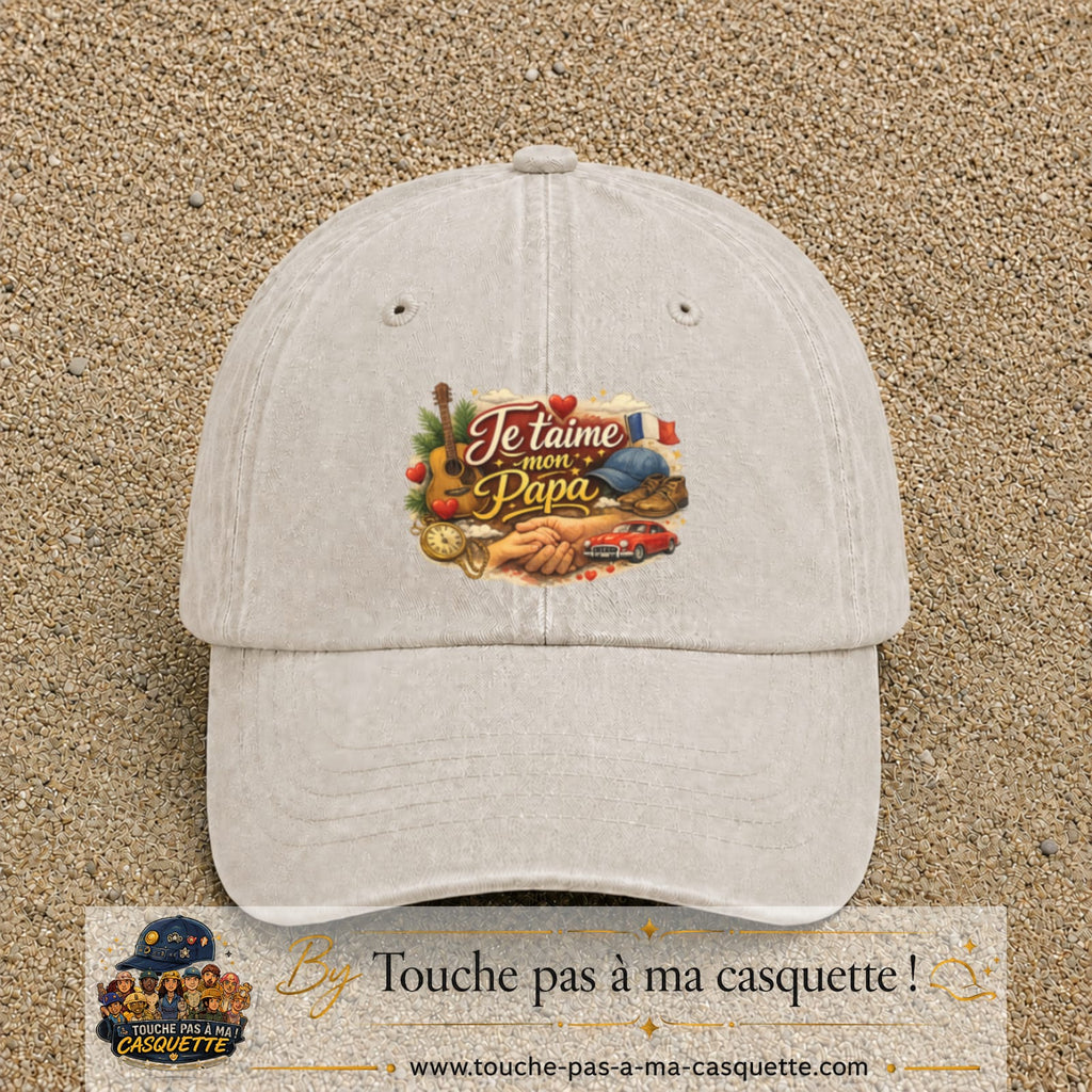 Casquette Beige clair délavé avec motif Je t’aime mon Papa et ses passions en 7 cm – vue principale
