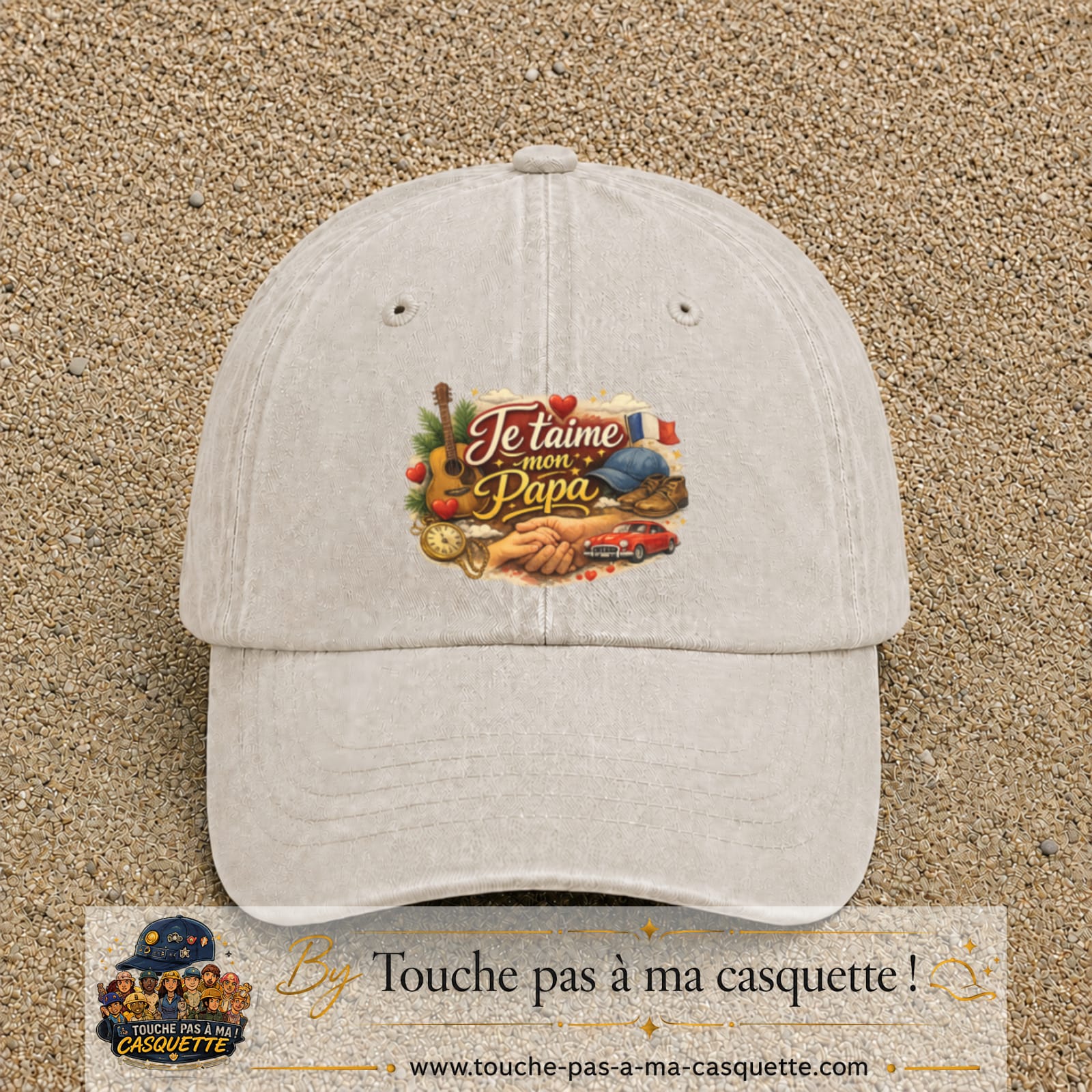 Casquette Beige clair délavé avec motif Je t’aime mon Papa et ses passions en 7 cm – vue principale