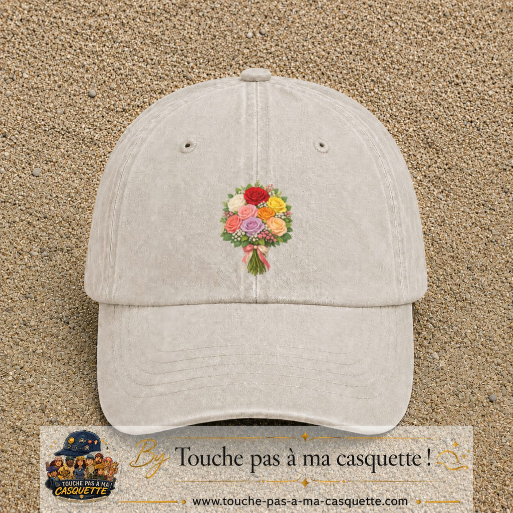 Casquette Beige clair délavé avec motif Bouquet romantique de roses en 7 cm – vue principale
