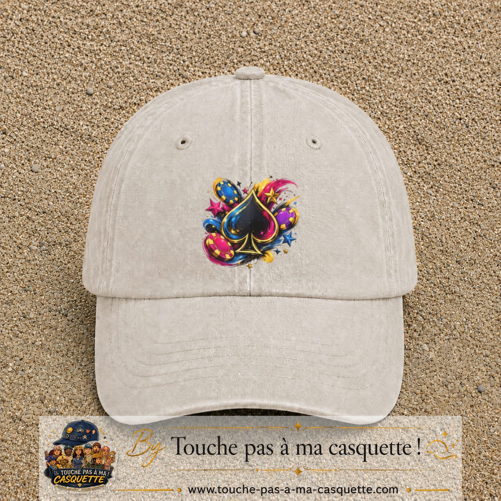 Casquette Beige clair délavé avec motif As de pique et jetons de poker en 7 cm – vue principale