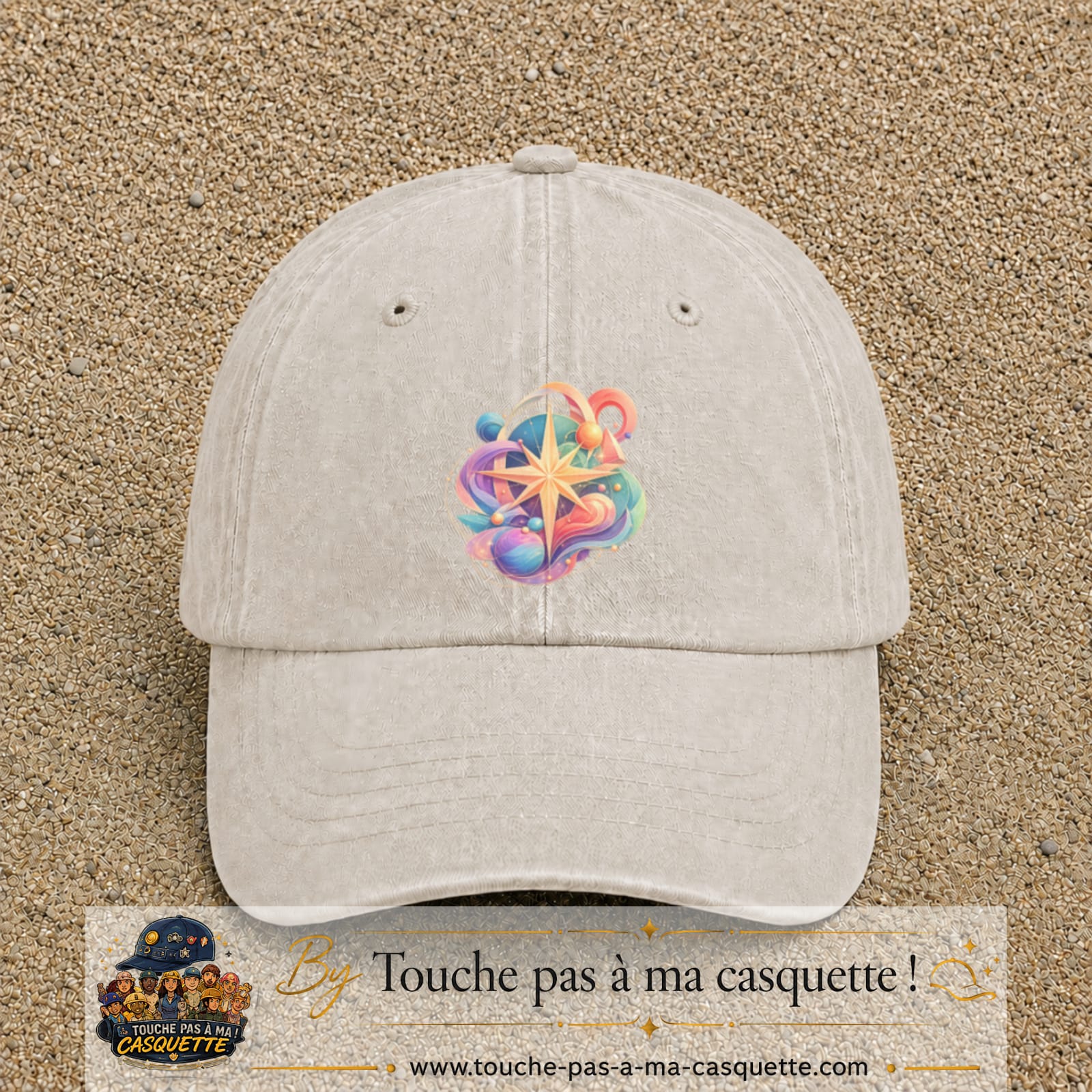 Image principale casquette Beige clair délavé avec motif Boussole cosmique 7 cm