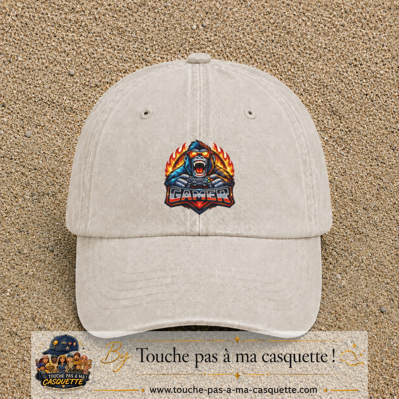 Casquette Beige clair délavé motif Gamer gorille logo 7 cm