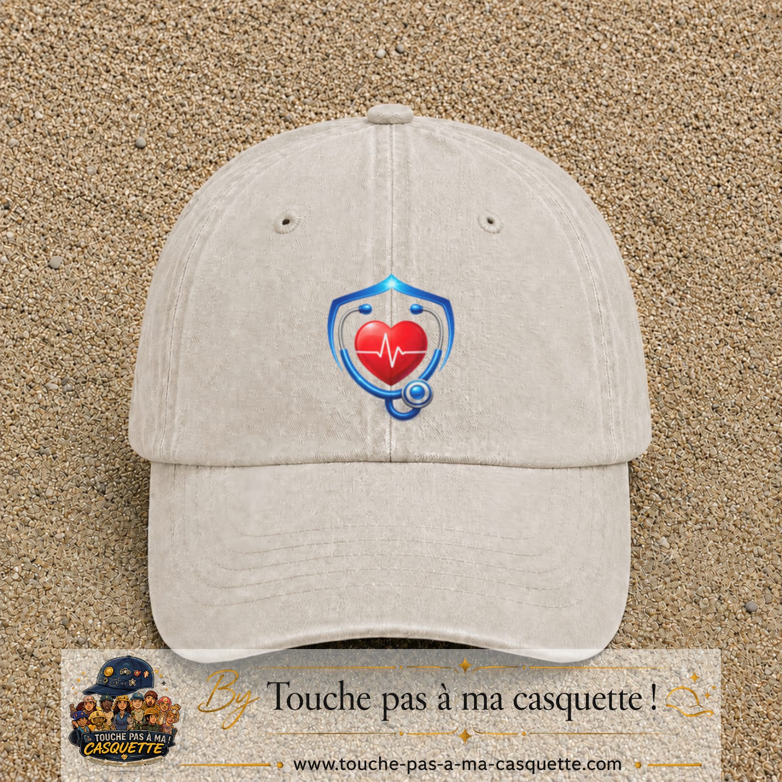Casquette Beige clair délavé motif Bouclier santé cœur logo 7 cm
