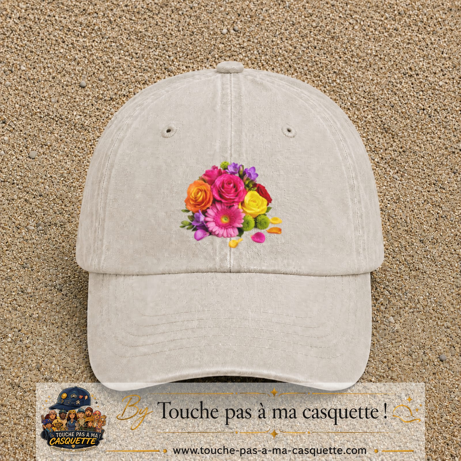 Casquette Beige clair délavé motif Bouquet de fleurs logo 7 cm