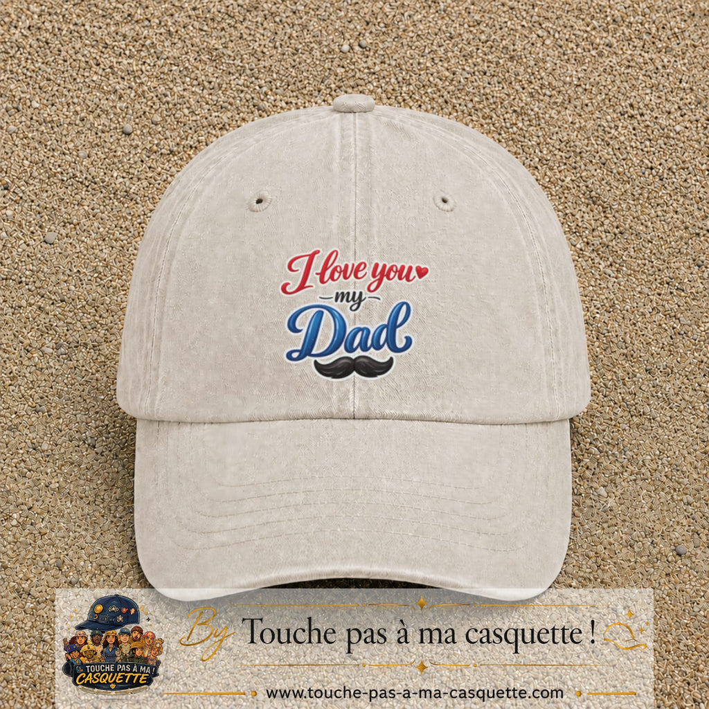 Casquette Beige clair délavé avec motif I Love You My Dad avec moustache en 7 cm – vue principale