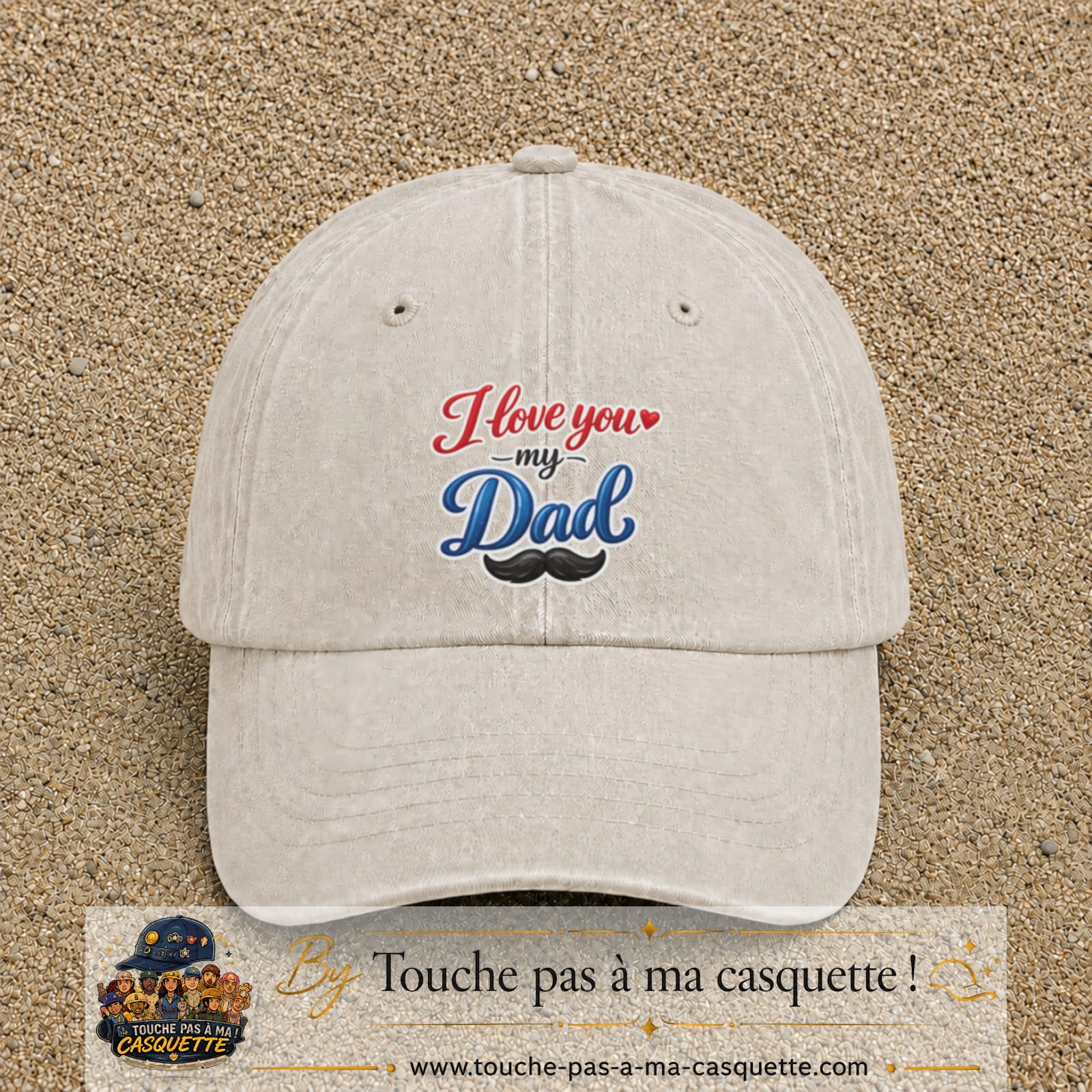 Casquette Beige clair délavé avec motif I Love You My Dad avec moustache en 7 cm – vue principale