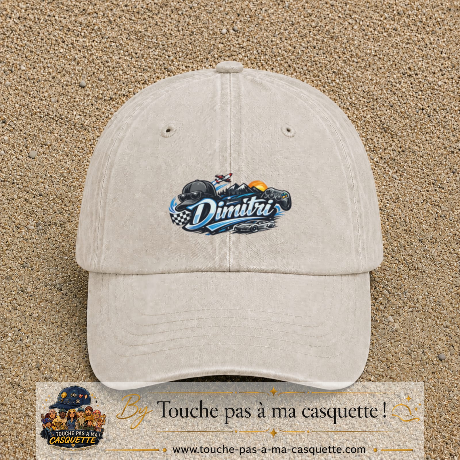 Casquette Beige clair délavé avec motif Prénom Dimitri univers vitesse en 5 cm – vue principale