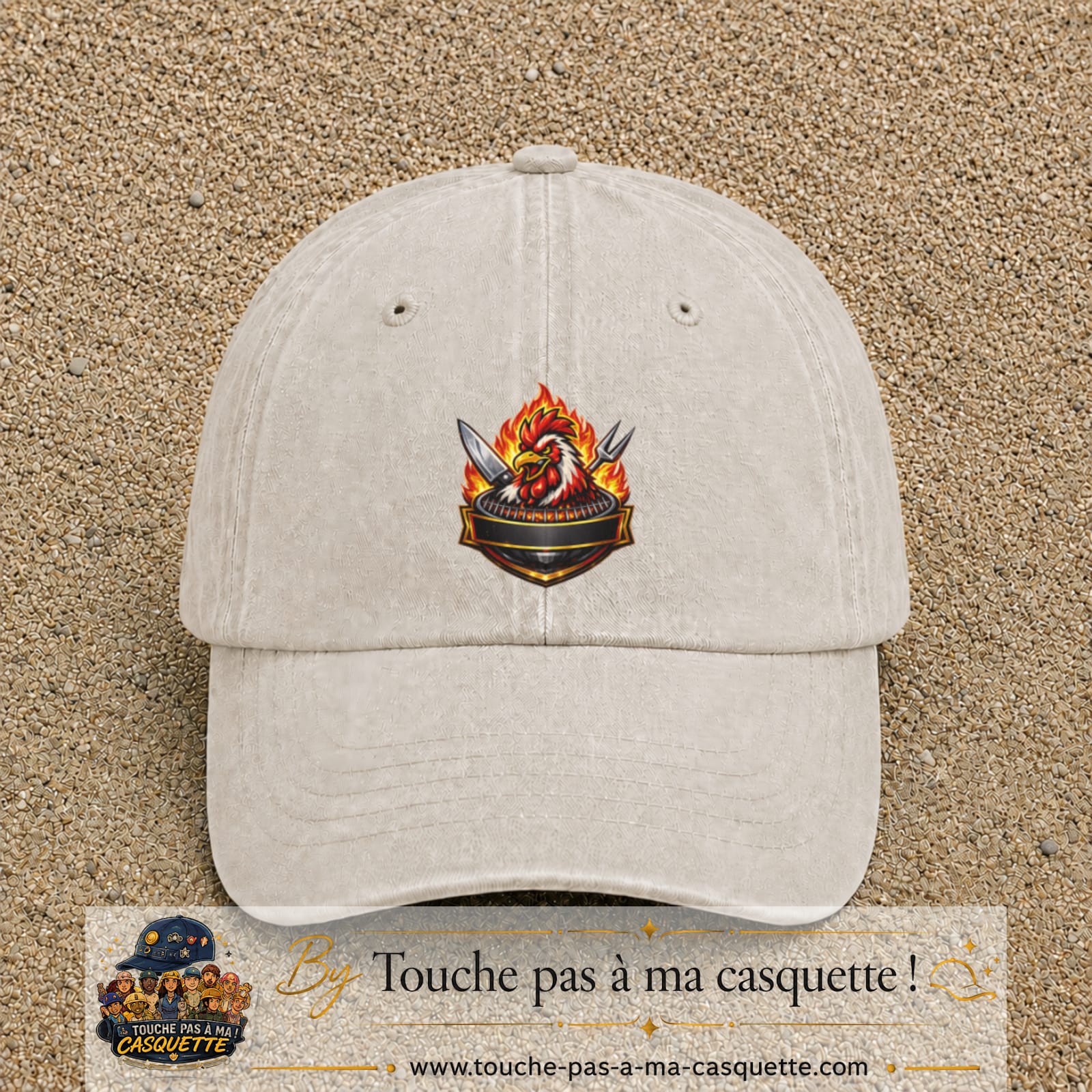 Casquette Beige clair délavé motif Coq barbecue logo 7 cm