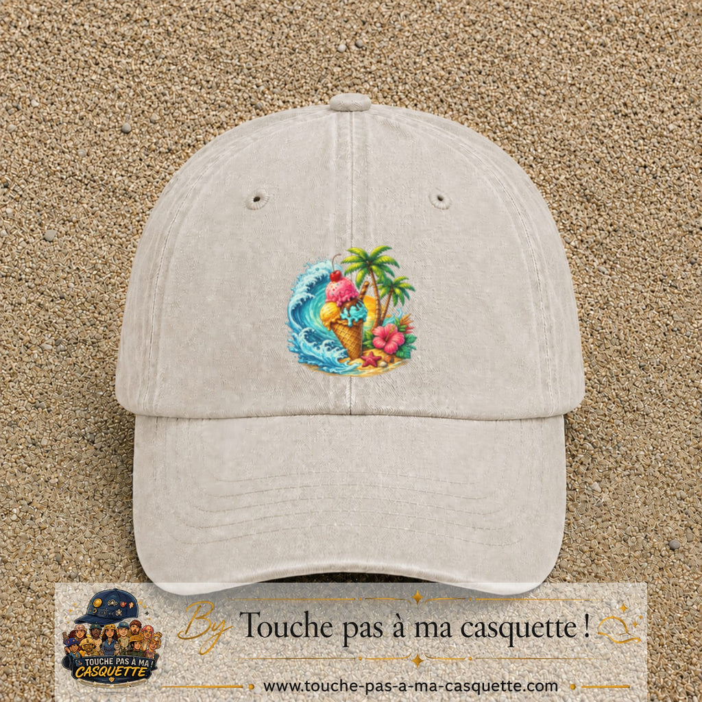 Casquette Beige clair délavé motif Glace tropicale logo 7 cm