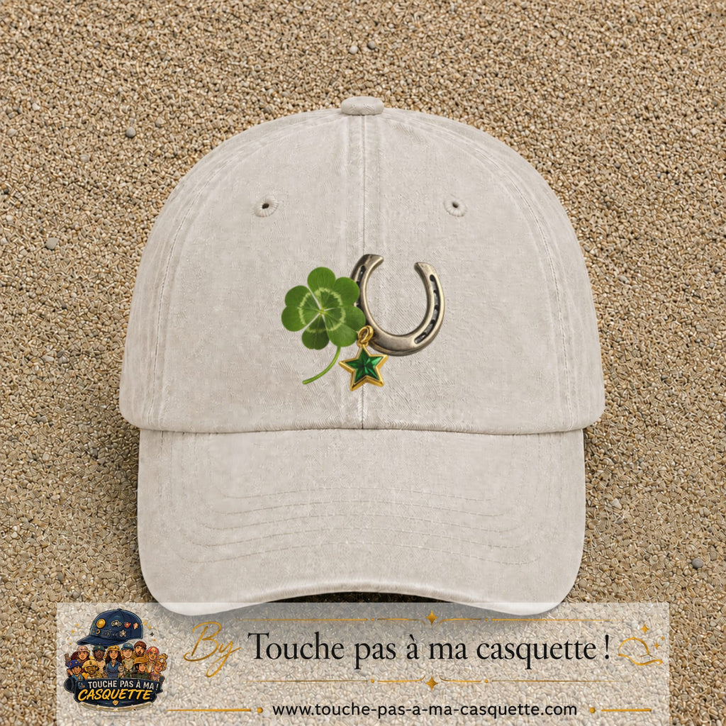 Image principale casquette Beige clair délavé avec motif Trèfle et fer à cheval 7 cm