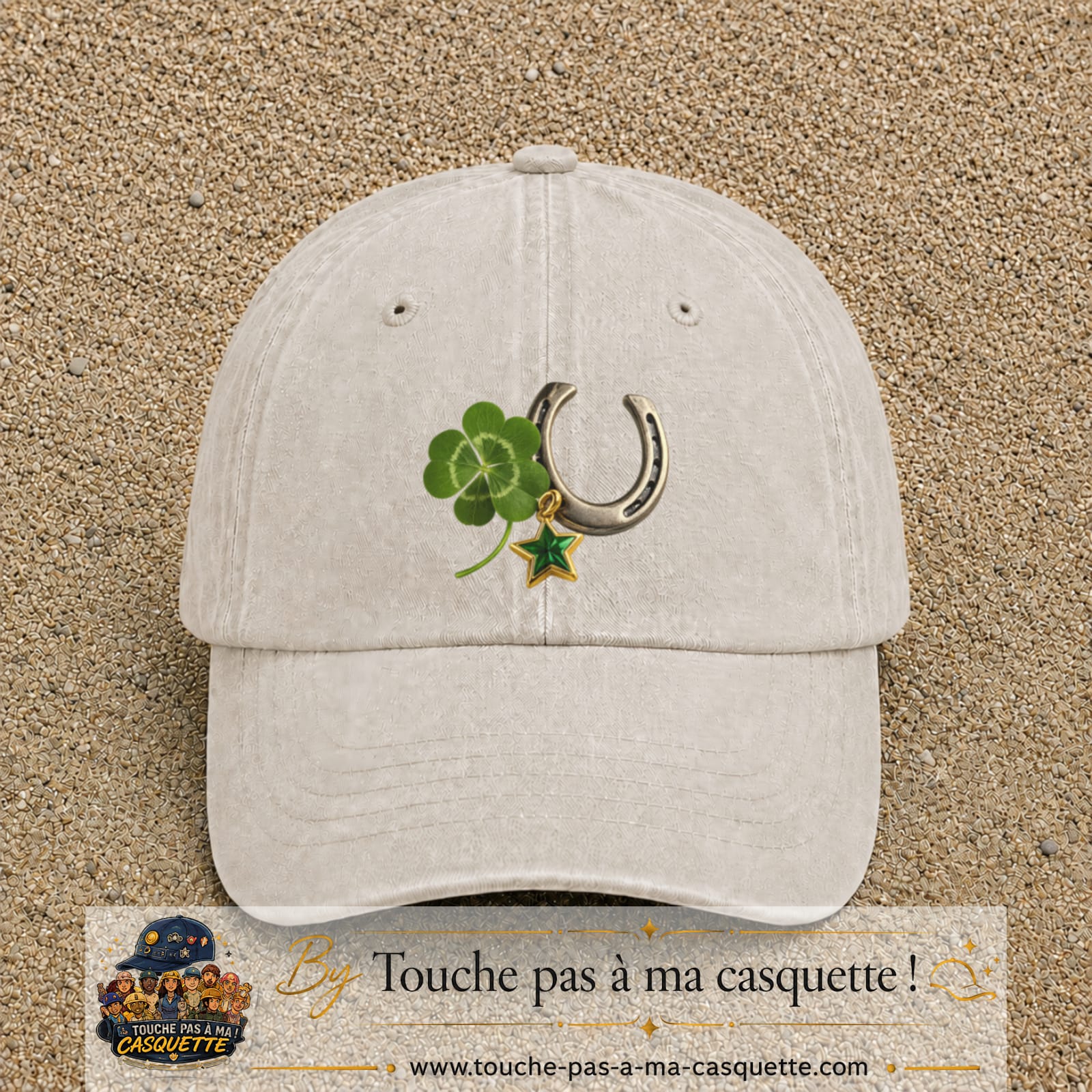 Image principale casquette Beige clair délavé avec motif Trèfle et fer à cheval 7 cm
