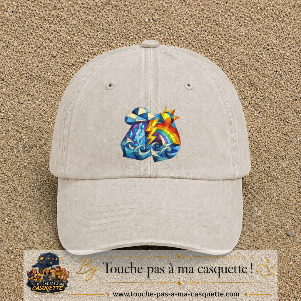 Image principale casquette Beige clair délavé avec motif Orage arc-en-ciel 7 cm
