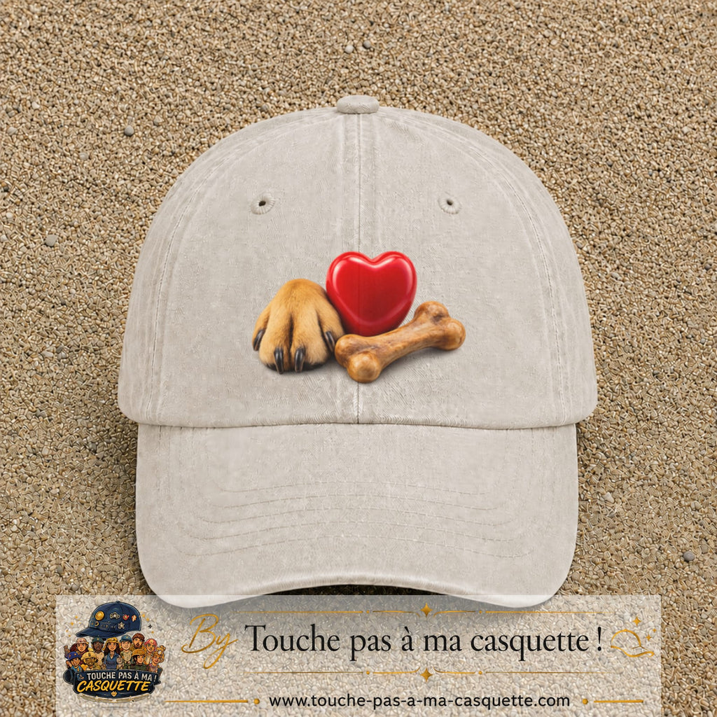 Casquette Beige clair délavé motif Patte de chien et cœur logo 7 cm