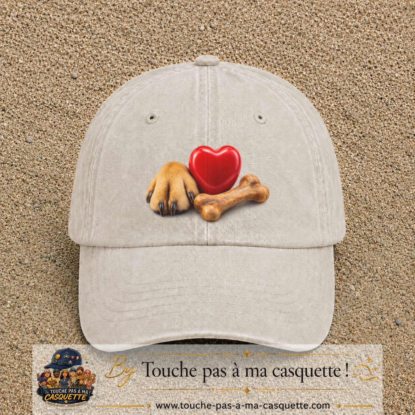 Casquette Beige clair délavé motif Patte de chien et cœur logo 7 cm